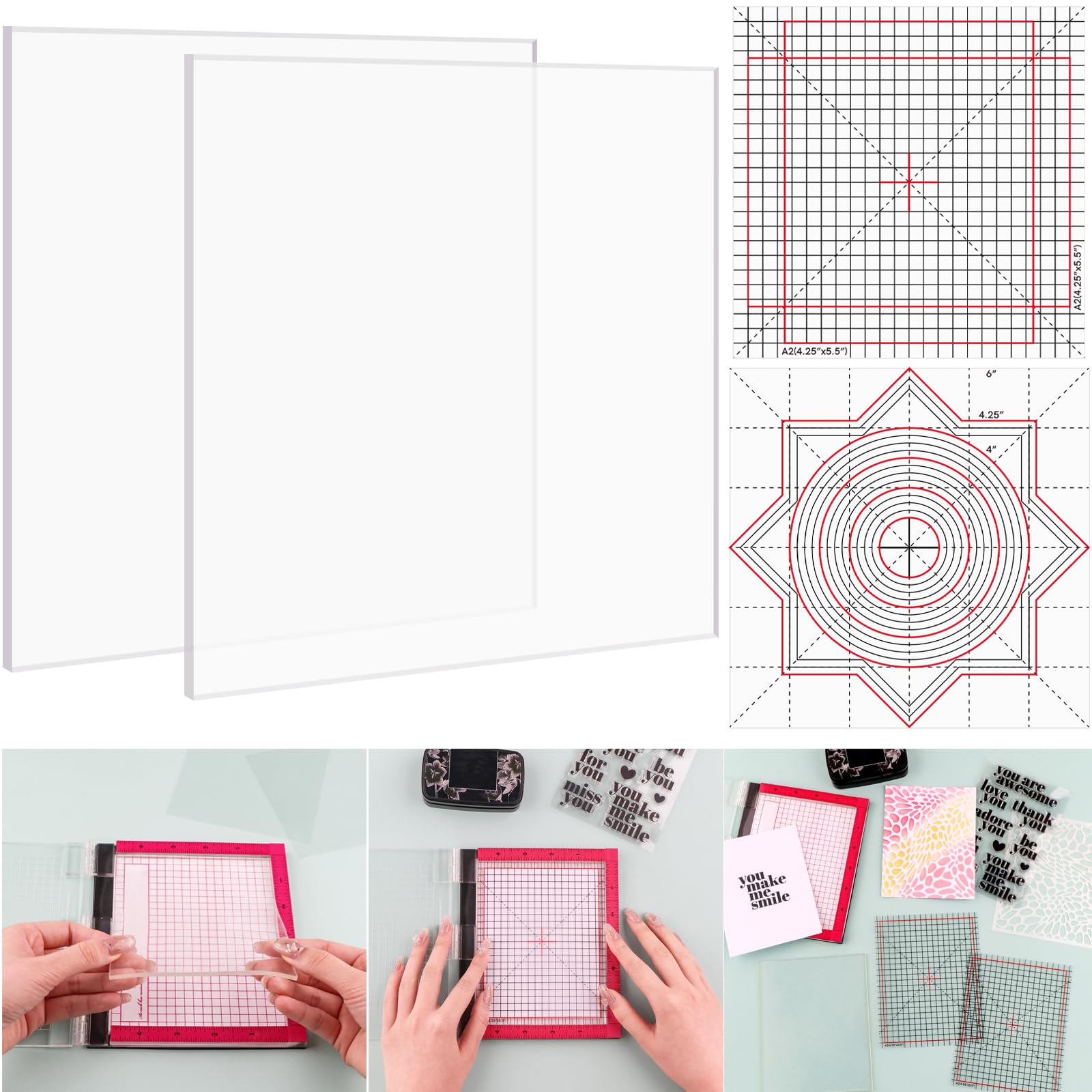 2PCS 6X6 Photopolymer Grip Mat with 8PCS Printed Guides for Stamping,Multi-Use Non-Slip Sticky Mats Fit in Stamp Positioning Tool for Card Making Hold Your Cardstock in Place When Stamping,Stencil