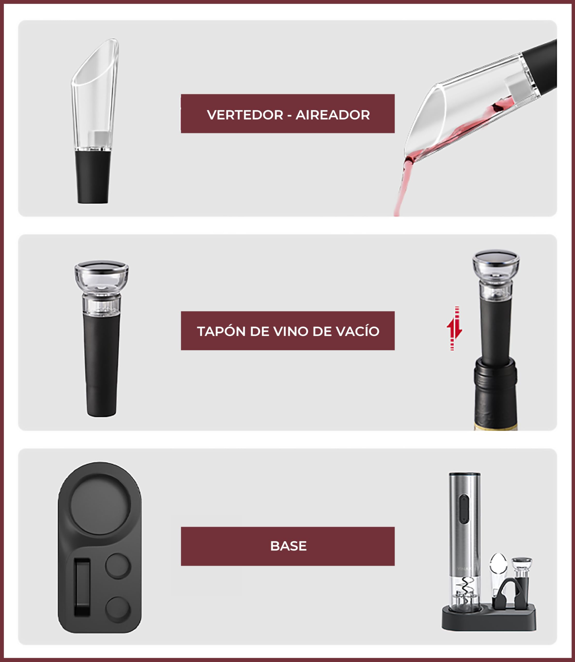 VINAK Wine Kit - Sacacorchos eléctrico con pilas de acero inoxidable + tapón de vino al vacío + boquilla vertedor + cortacápsulas | Diseño moderno | Abrebotellas sin esfuerzo