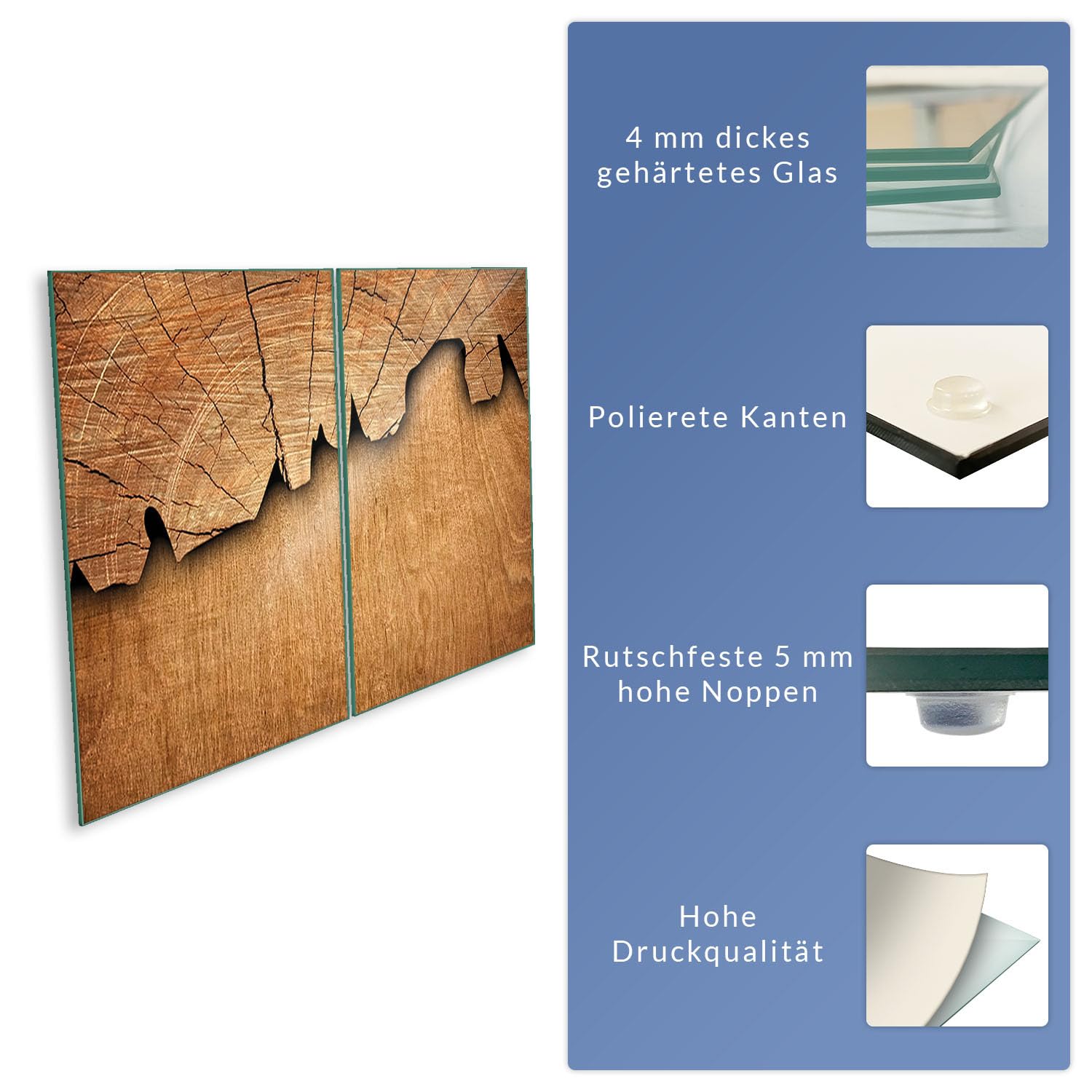 Herdabdeckplatte Abdeckung Ceranfeld Abdeckplatte Schneidebrett 2-Teilig 80x52 Holz Braun Spritzschutz Glasplatte Ceranfeldabdeckung Schutz Herdschutz Sicherheitsglas Glasschneidebrett 2x40x52