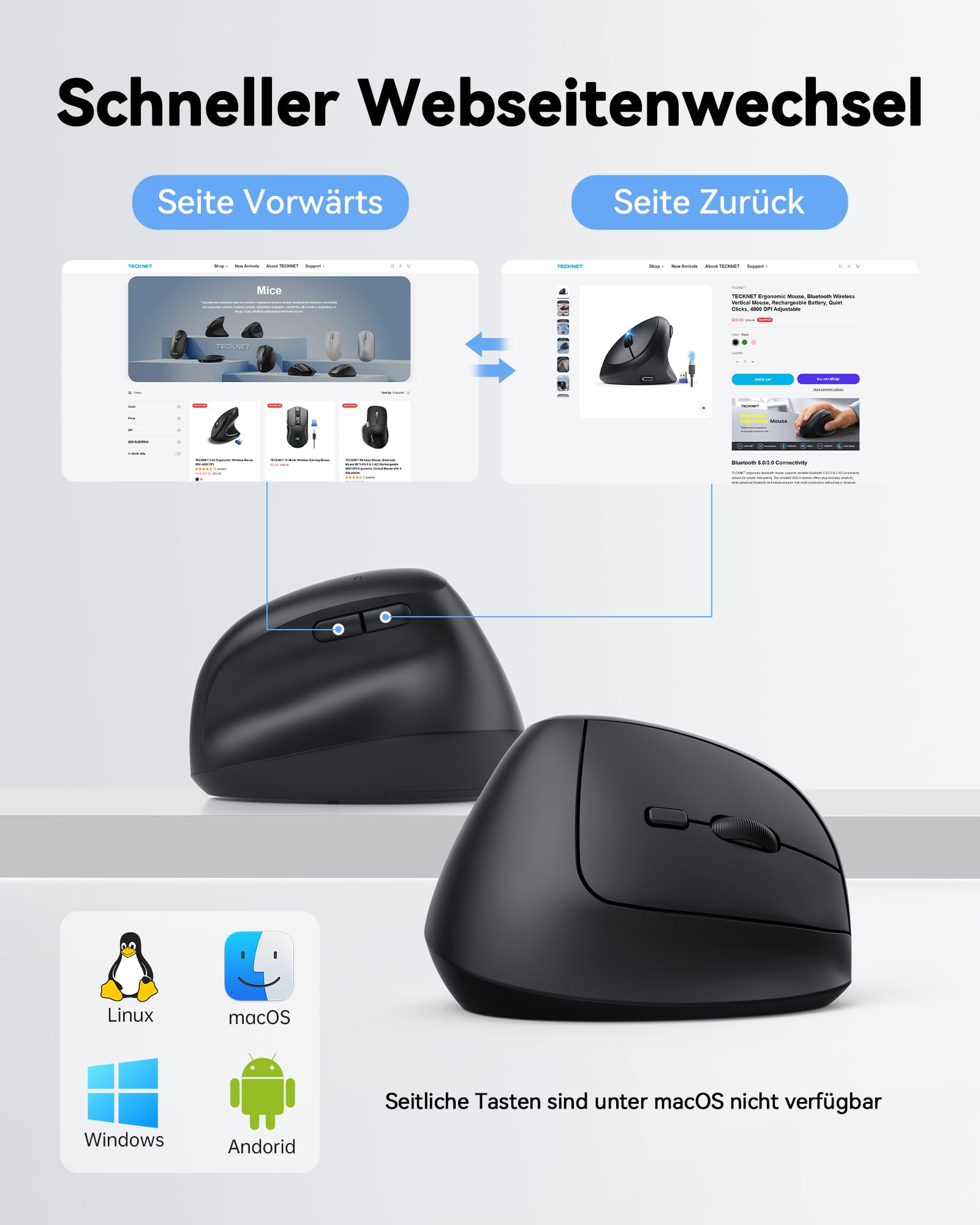 TECKNET Mouse ottico wireless verticale, ergonomico, 4800 DPI, 5 pulsanti, 2,4 G, USB, per Windows e macOS