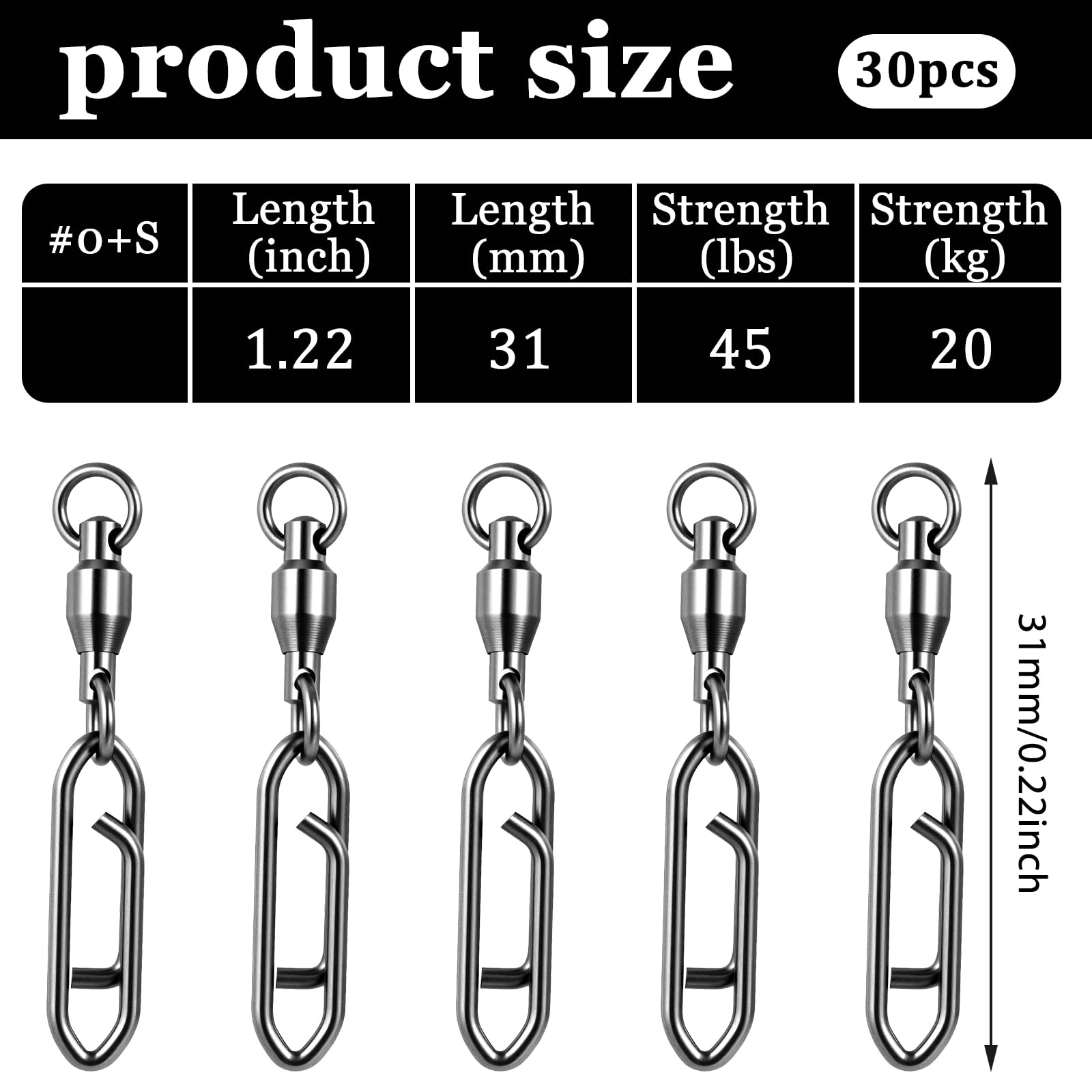 Aiyorse 30 Pcs Fishing Power Clips, Fishing Speed Clips High Strength Snap Swivels Stainless Steel Bearing Rolling Fish Swivels Freshwater Crankbait Popper Lures Quick Snaps Connectors Tackle(#0+S)