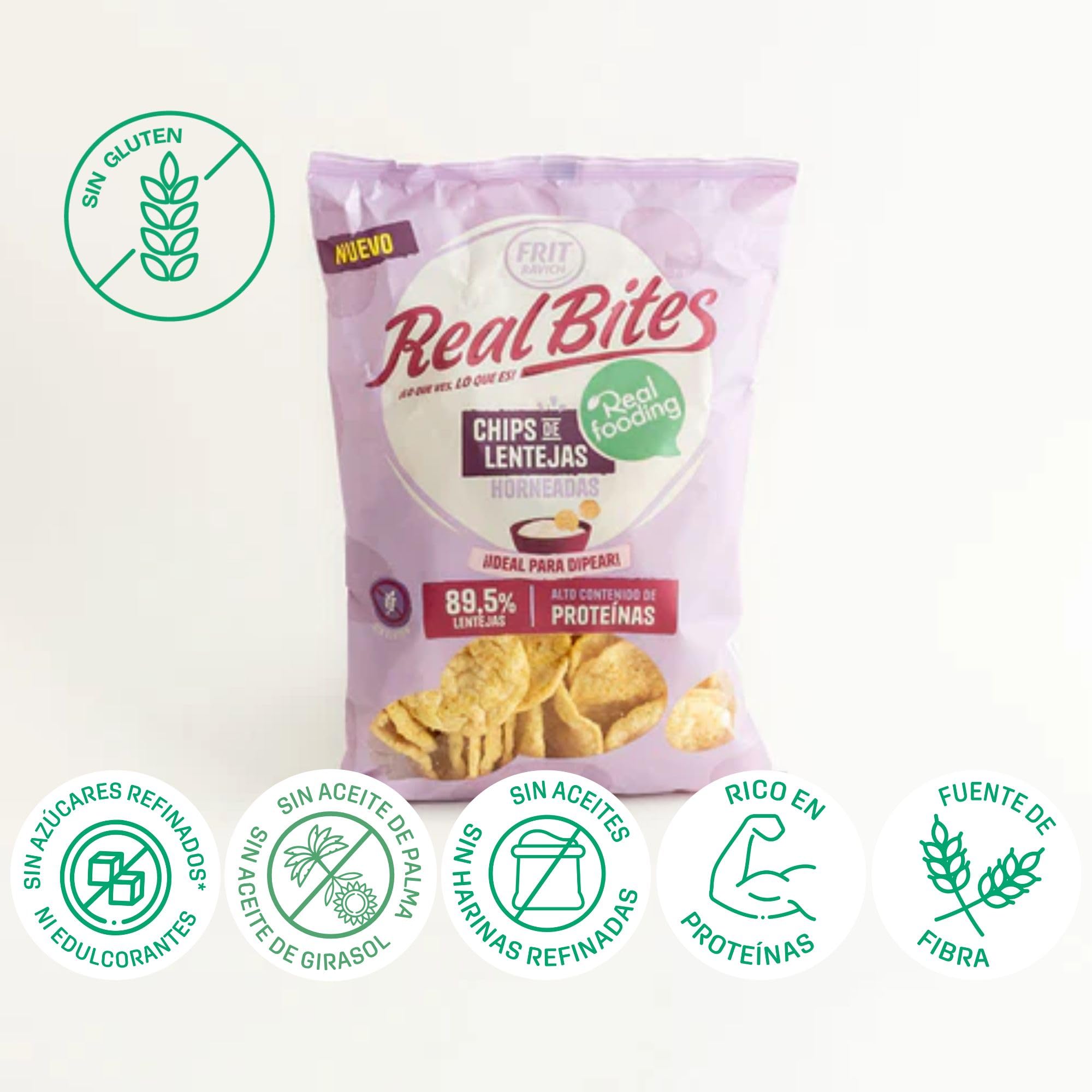 Chips de Lenteja RealFooding - Caja 6 Paquetes - Sabor: Original. 6 Bolsas x 80 gramos. Chips de Lenteja al 86% Horneados - RealBites - Sin Gluten
