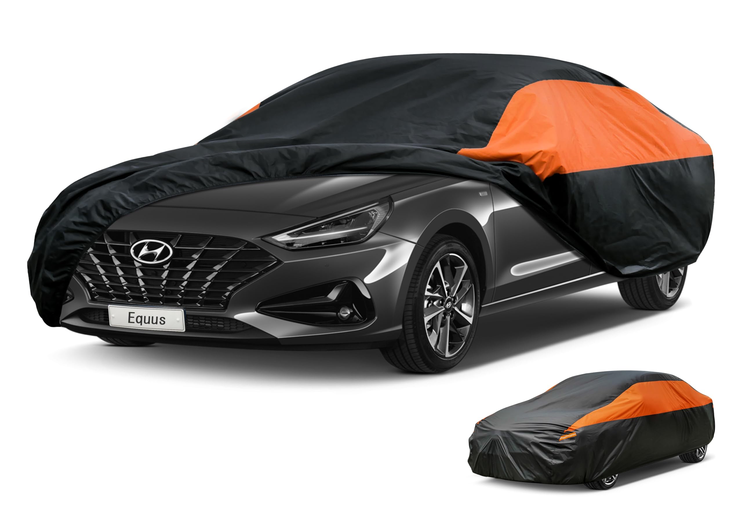 GUNHYI Waterproof Lightweight Sedan Full Car Cover Custom Fit Equus | All‑weather Outdoor sun/rain/dust/snow/wind/UV protection, breathable tear‑resistant fabric, black‑orange design,storage bag
