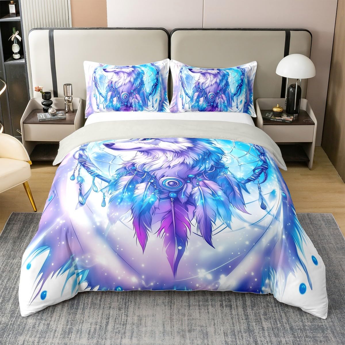 Homewish Ropa de cama de algodón con diseño de lobo, color azul y lila, diseño de atrapasueños, 135 x 200 cm