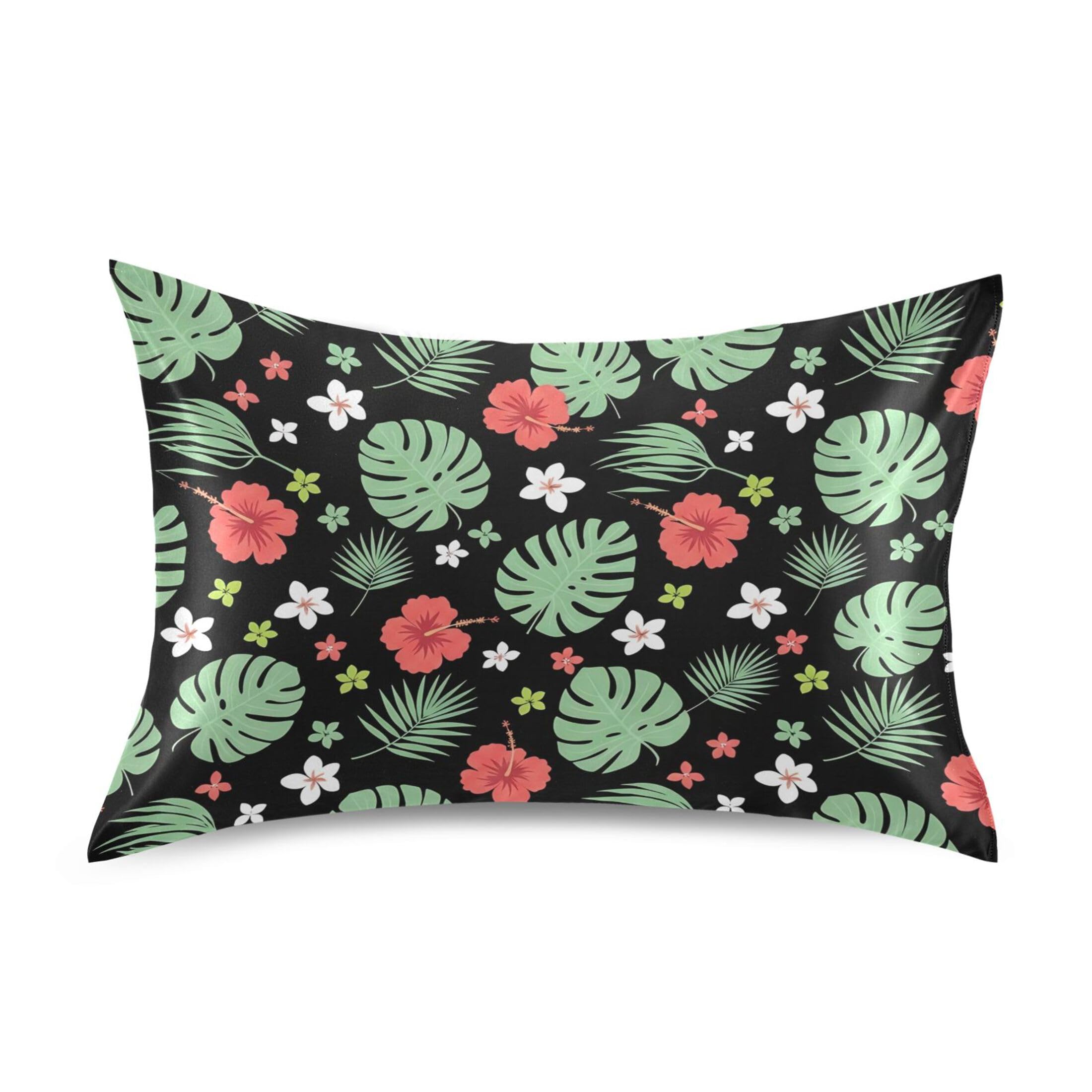 Fuauuyl Pillowcase Queen Size 20x30 in, Hibiscus Monstera Leaves Soft Breathable Satin Pillow Case for Hair and Skin with Envelope Closure Wrinkle-Free