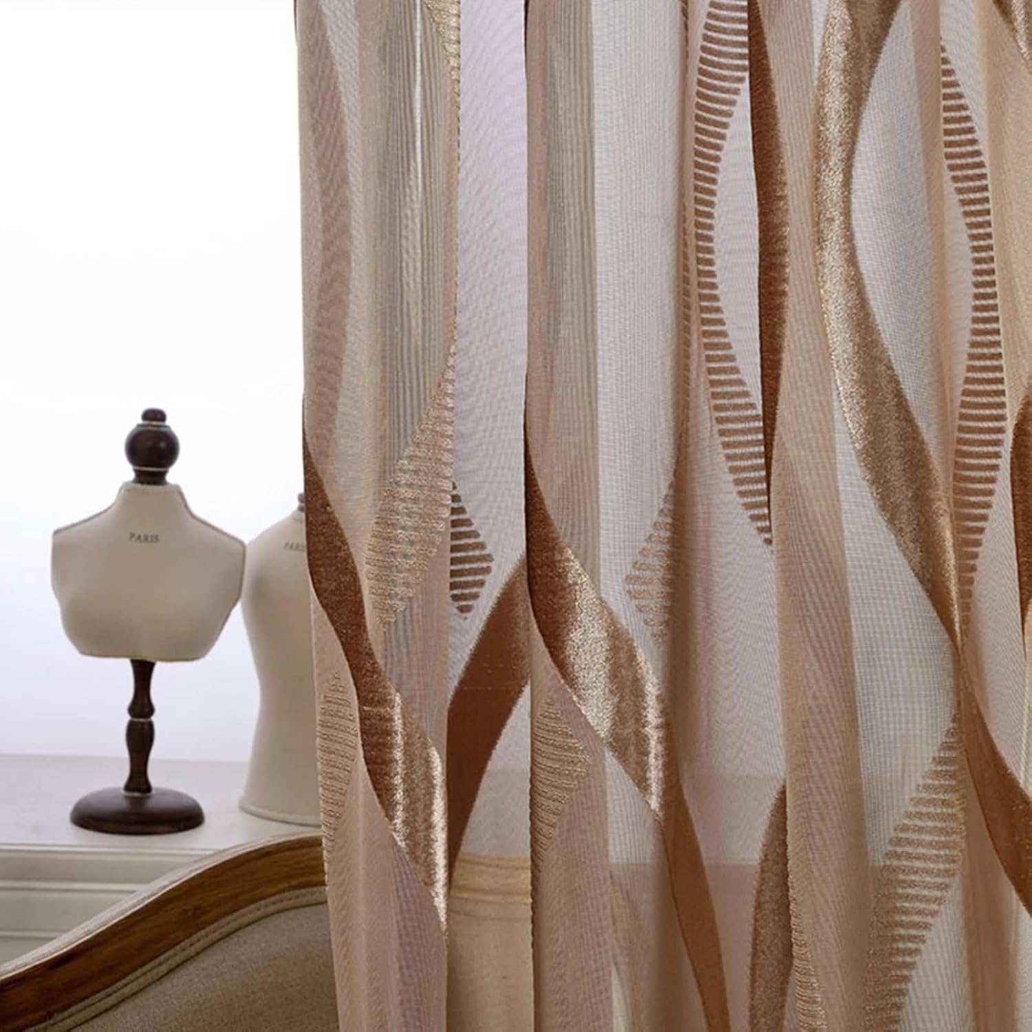 Curtains for Bedroom Sheer, Polyester Sheer Curtain with Knitted Infinity Symbol Pattern Semi Transparent, Brown-Hole, 52W x 84H inch