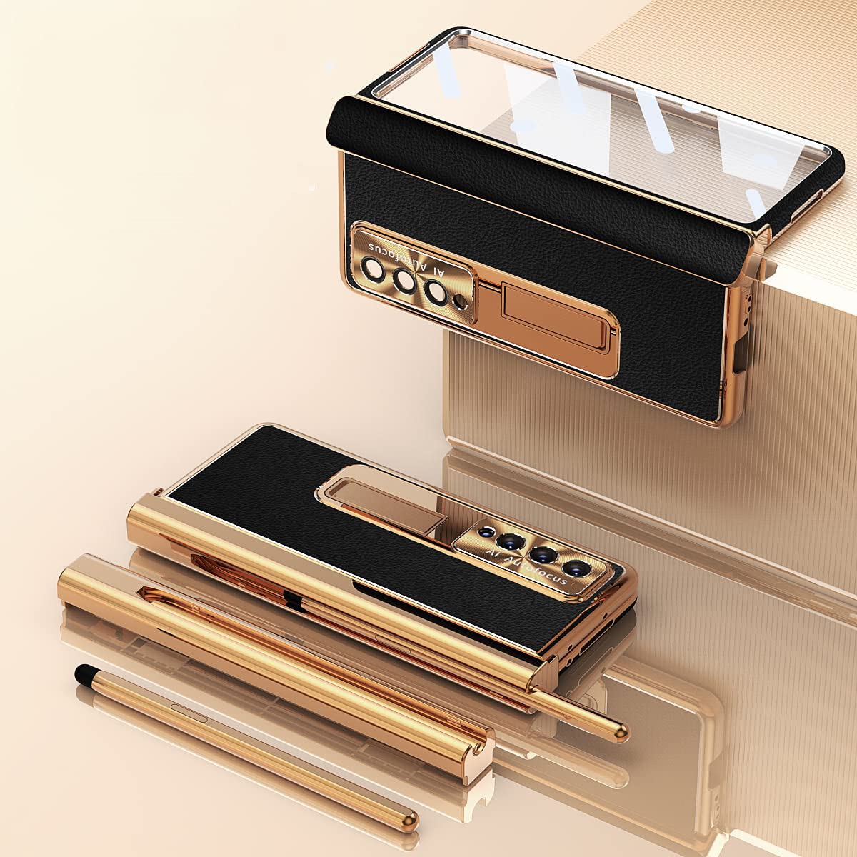 – Case For Samsung Galaxy Z Fold 4 With Pen, Leather + Electroplating, Two Kinds Of Hinges, Stand, Pen Tray, Front/Camera Screen Protector, Anti-Drop (Pen Is Not Original) (Fold 4, Black+Gold)