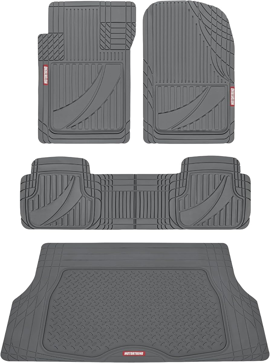 Motor Trend FlexTough™ Juego completo de tapetes de goma gris resistentes para todo tipo de clima y revestimiento de carga para SUV - Ajuste universal para adaptarse a tapetes para el piso automotriz y tapetes para maletero para accesorios interiores de autos
