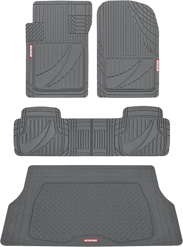Motor Trend FlexTough™ Juego completo de tapetes de goma gris resistentes para todo tipo de clima y revestimiento de carga para SUV - Ajuste universal para adaptarse a tapetes para el piso automotriz y tapetes para maletero para accesorios interiores de autos