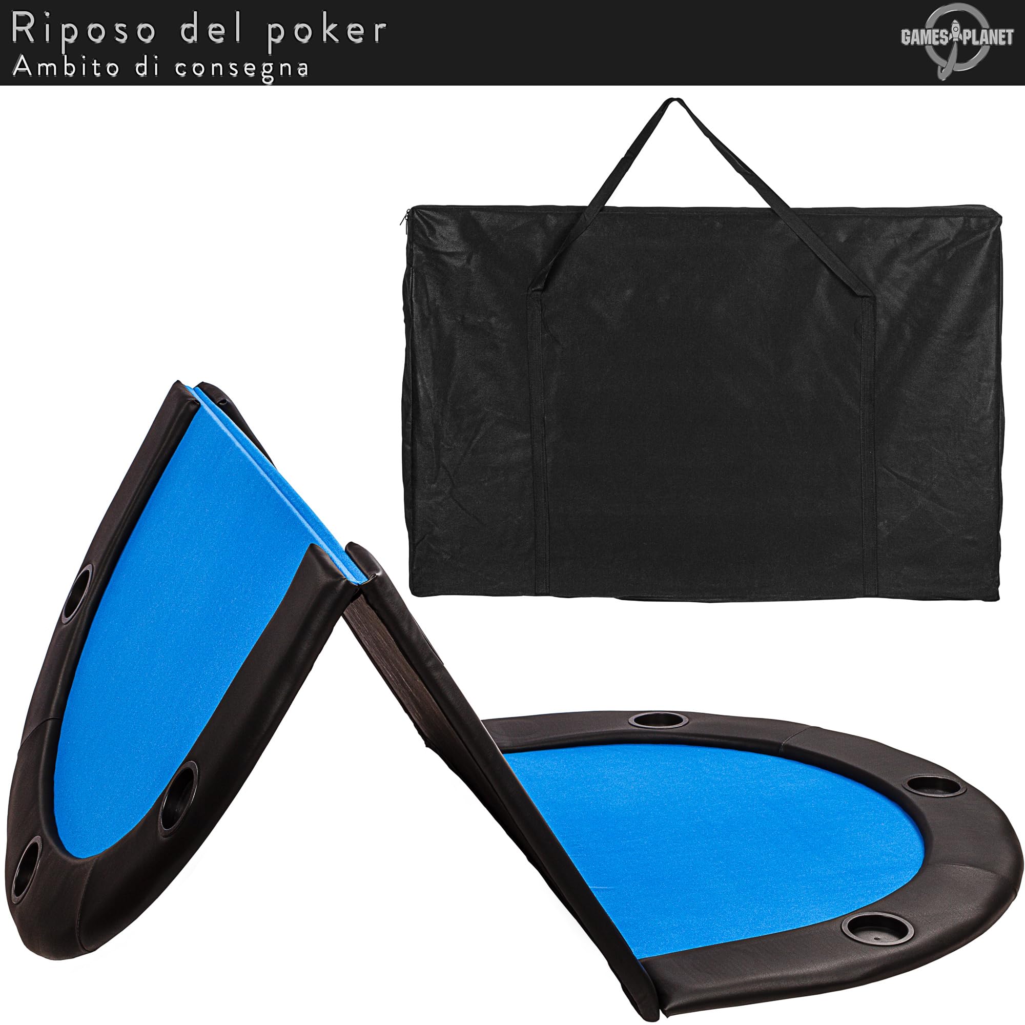 GAMES PLANET Tavolo da Poker Pieghevole Straight Flush con Borsa, 208 x 106 x 3 cm, Piano in MDF, bracciolo Imbottito, 10 portabicchieri, Colori a Scelta - Blu