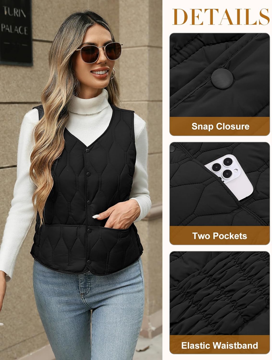 Women's Quilted Vest V Neck Fleece Puffer Vest Slim Fit Button Down Padded Gilet Sleeveless Outerwear Coat - Image 3