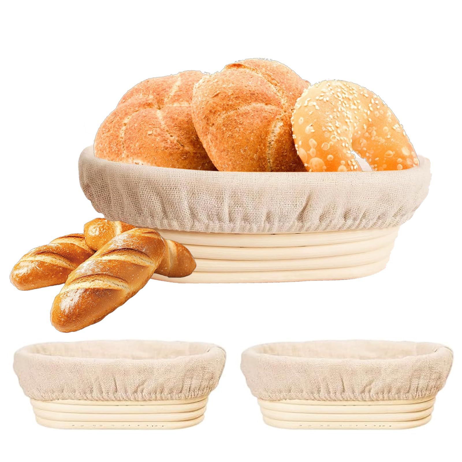 Cestas ovaladas Banneton de 10 pulgadas para hacer pan, 3 unidades, cuencos a prueba de masa con forro para masa madre para el hogar, suministros para hornear pan de masa madre
