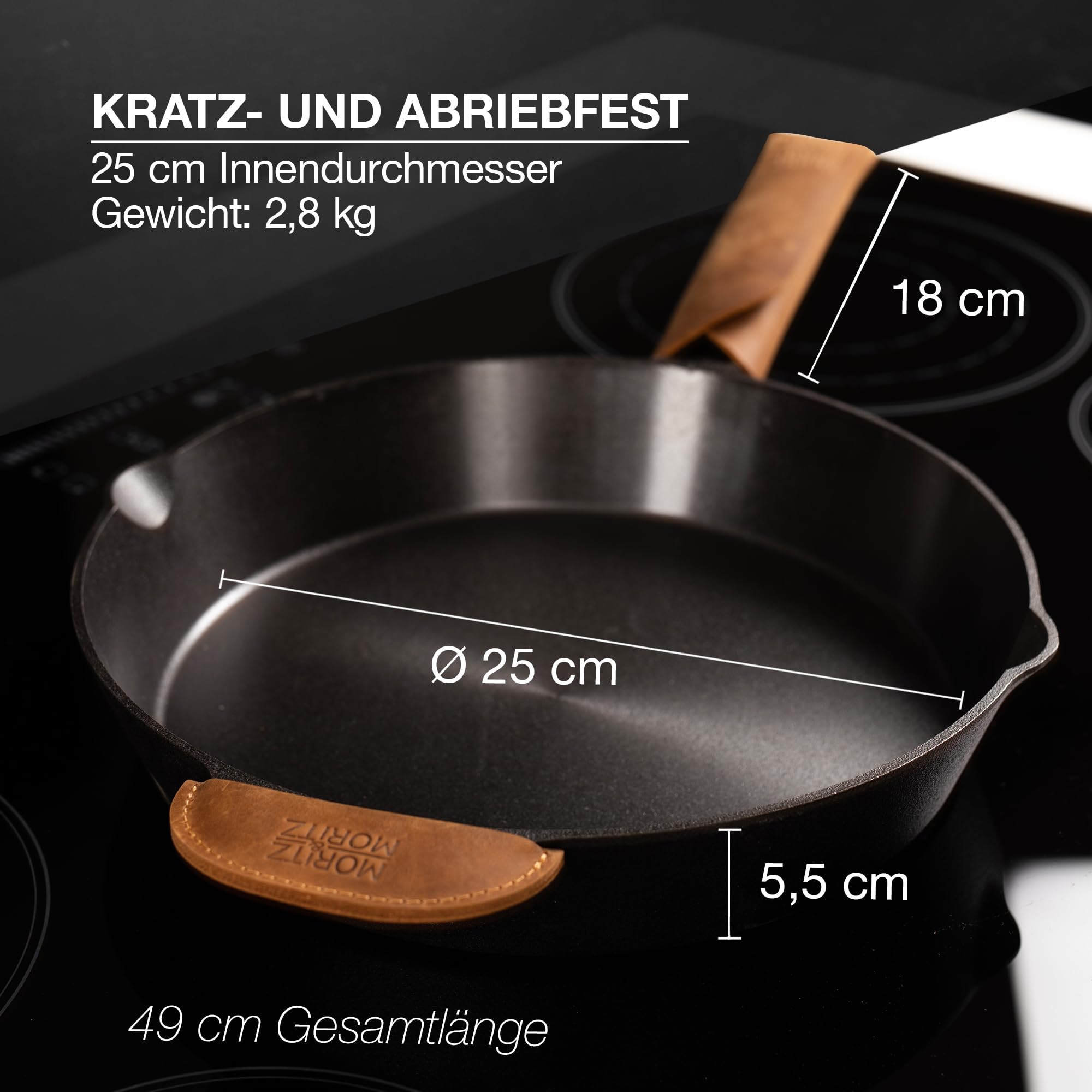 Moritz & Moritz Gusseisenpfanne Induktion 28 cm - Voreingebrannte Antihaft Pfanne Gusseisen Induktion für alle Herdarten, Ofen & Grill geeignet - Inkl. Pfannenwender - Cast Iron Pan Induction