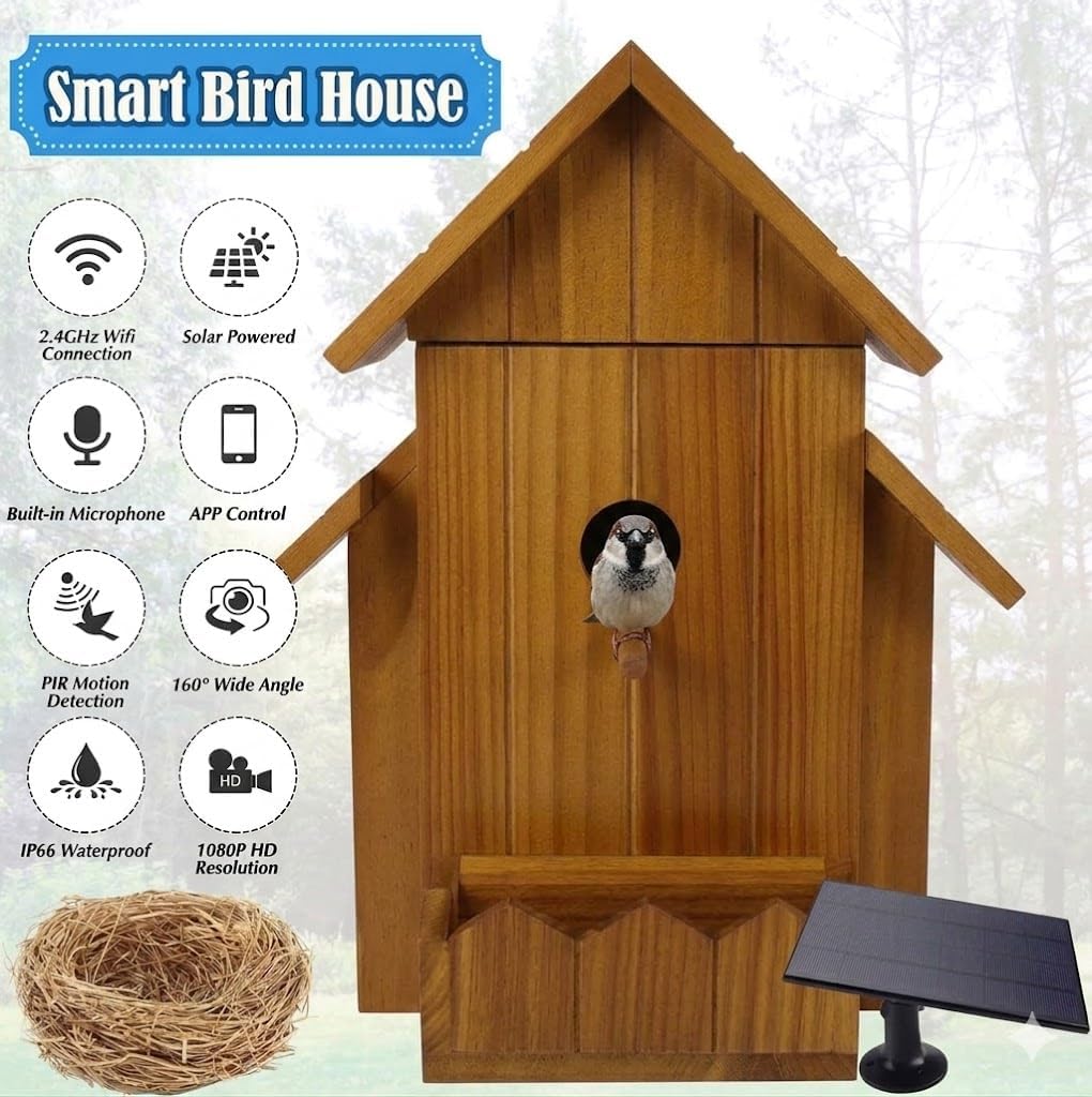 Bird House with Camera, 1080p HD Bird Houses for Outside with Nest Auto Capture Photo & Video, Smart Bird House with Camera Solar Powered 2.4G WiFi & App Notify in Real Time Dark Color (Dark, Normal)