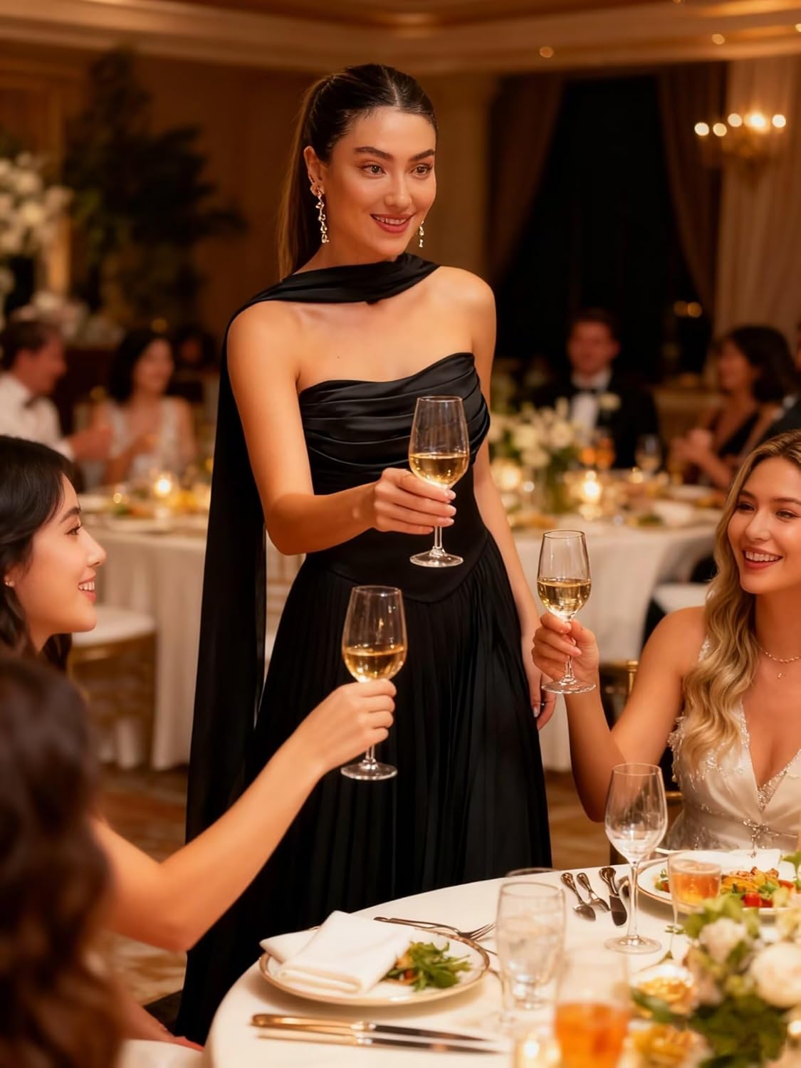 Rjer Strapless Bridesmaid Dresses with Scarf Satin and Chiffon A-Line Ruched Pleated Wedding Guest Dress Long for Women - Image 5