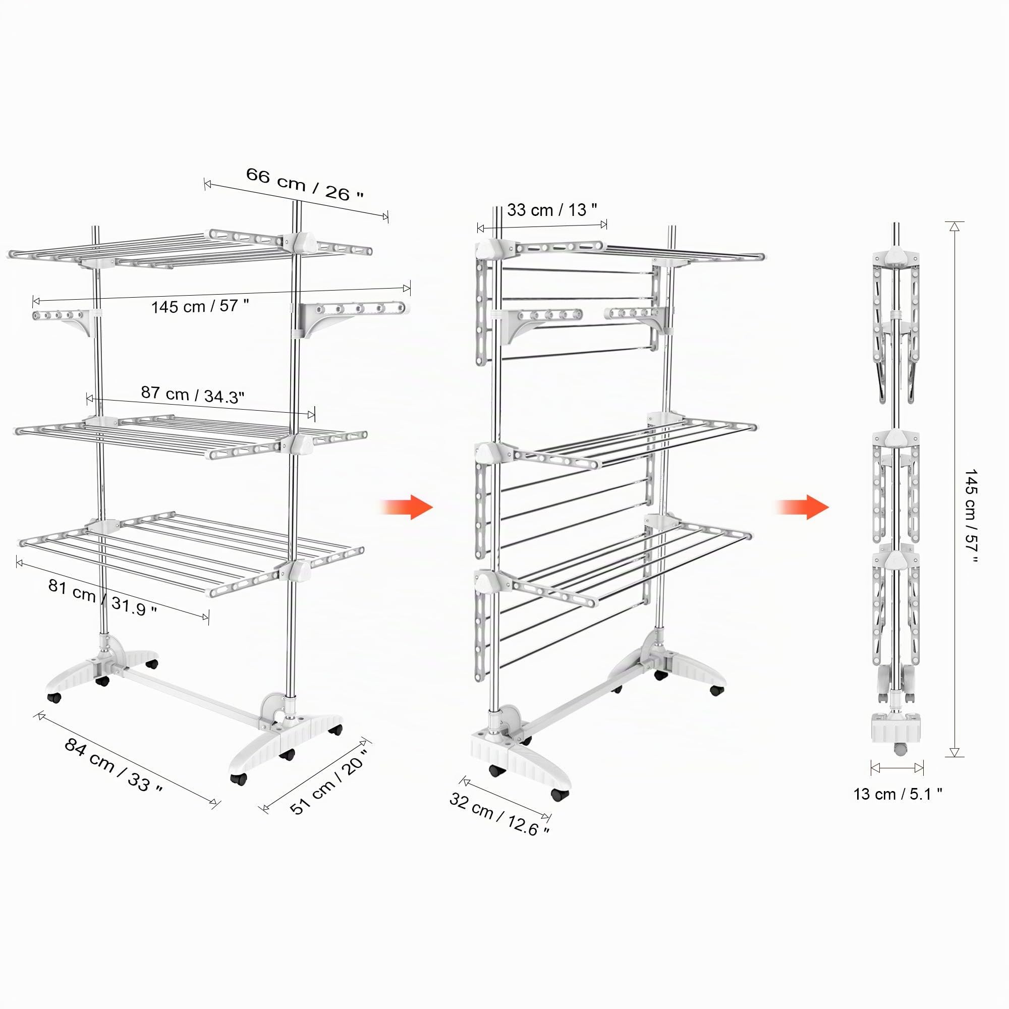 Todeco Estante para Secado de Ropa, Tendederos Plegables 3 Niveles, Blanco | Tenderetes de Ropa con 6 Ruedas, 2 Alas, Estantes de Secado de Acero Inoxidable para Interior Exterior