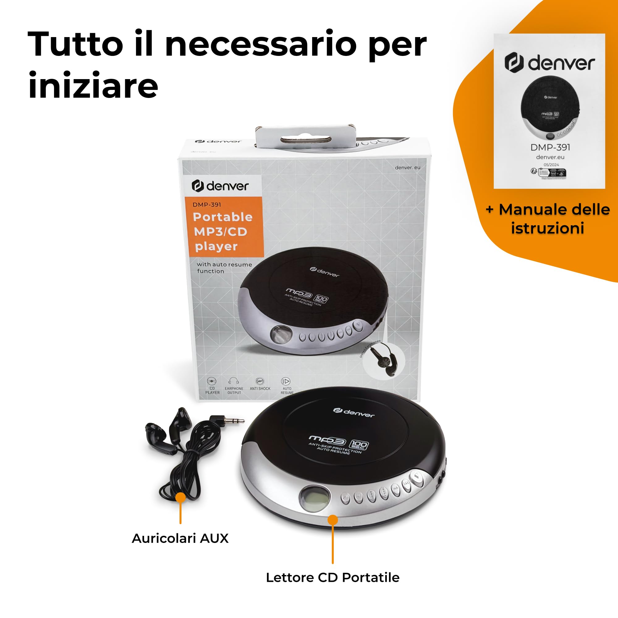 Denver DMP-391 Lettore CD Portatile Walkman Anti-Shock Bassi