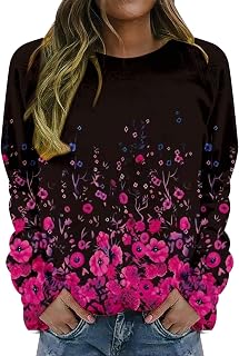 KonJim Floral Print Sweatshirts for Women Plus Size Loose Fit Long Sleeve Pullover Tops Crew Neck Fall Winter 2023 Womens Fashion Tops Graphic Print Round Neck Pullover Shirt Tops