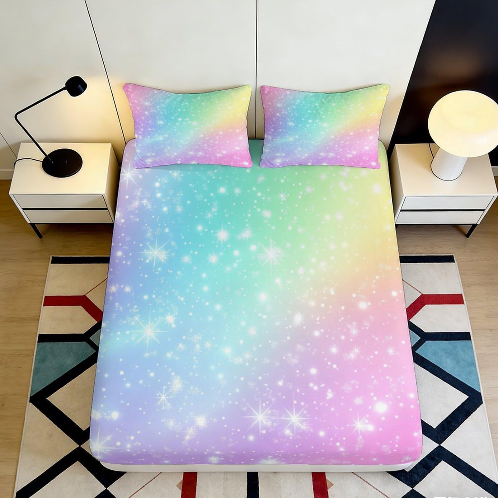 3D Printed Pastel Galaxy Starry Sky Fitted Sheet Microfiber Soft Rainbow Cosmic Nebula Mattress Cover Bedroom Decor 90x200x25cm