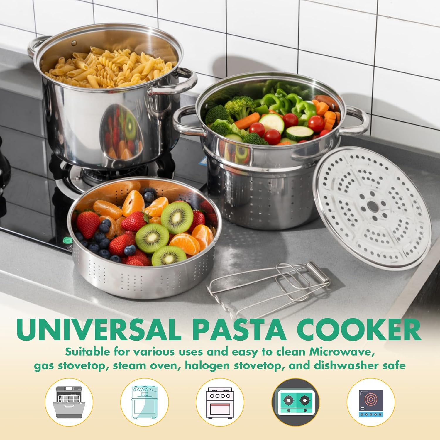 Sawysine Stainless Steel Pasta Pot 6-Piece 10 Quart Cooker Steamer Stock Pot Cookware Set Multipots with Strainer Insert for Home Kitchen