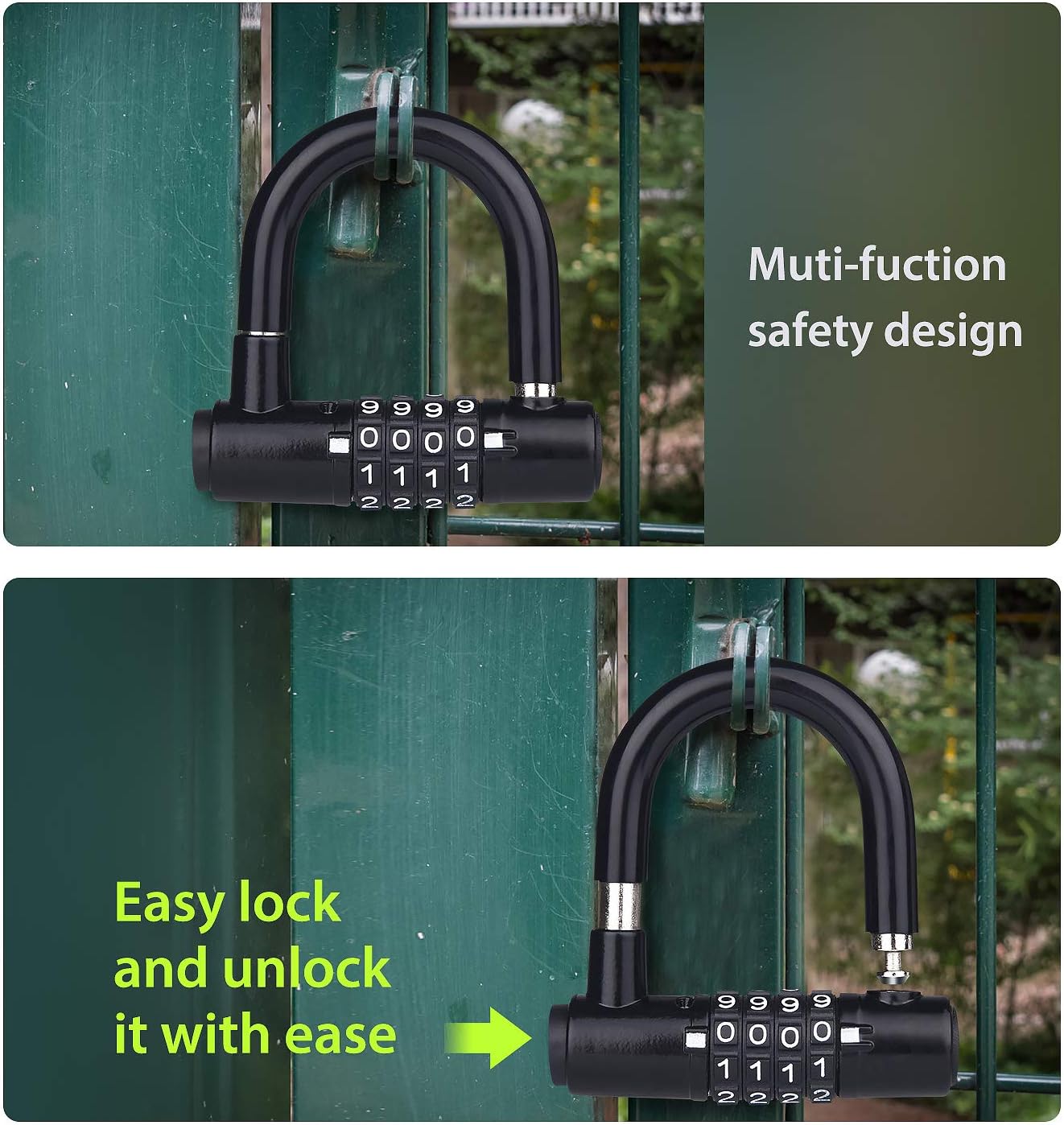 BIGLUFU Bike Security Steel Cable 4FT with 4 Digits Combination U Lock, Braided Steel Flex Lock Cable 12mm Thick Heavy Duty Vinyl Coated Flexible Steel Cable with Loop End