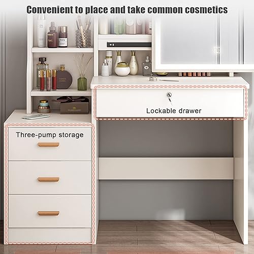 Miniatura 4 de QQXX Juego de tocador de maquillaje y taburete con espejo deslizante, escritorio de gran capacidad con 5 cajones, estantes de almacenamiento