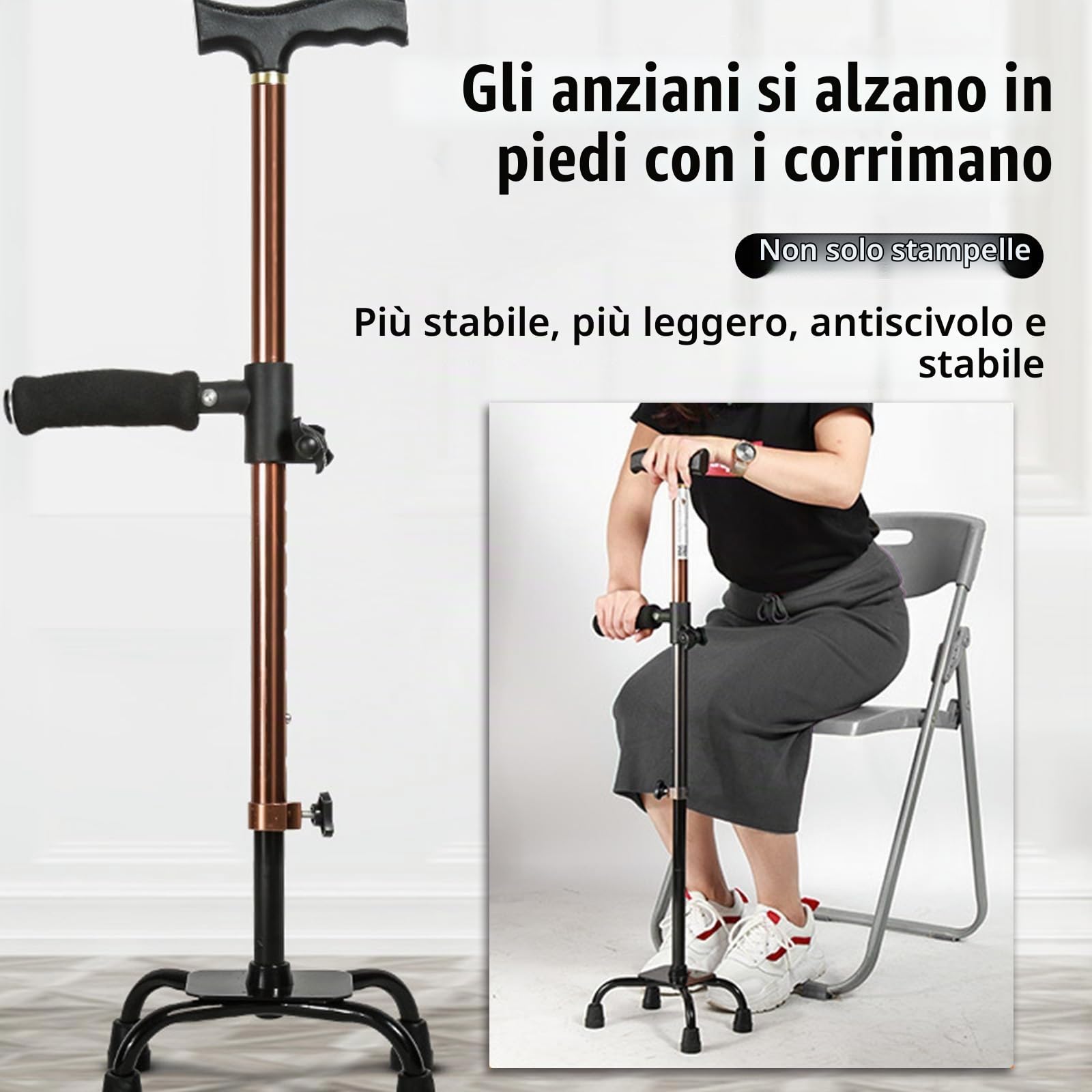 Bastone Passeggio, Stampelle Ausilio Per Deambulazione Anziani, Ausilio Per Sedersi Ad Altezza Regolabile Supporto Bastone Da Passeggio Quattro Piedi Ausilio Per Stare In Piedi 62 A 85cm