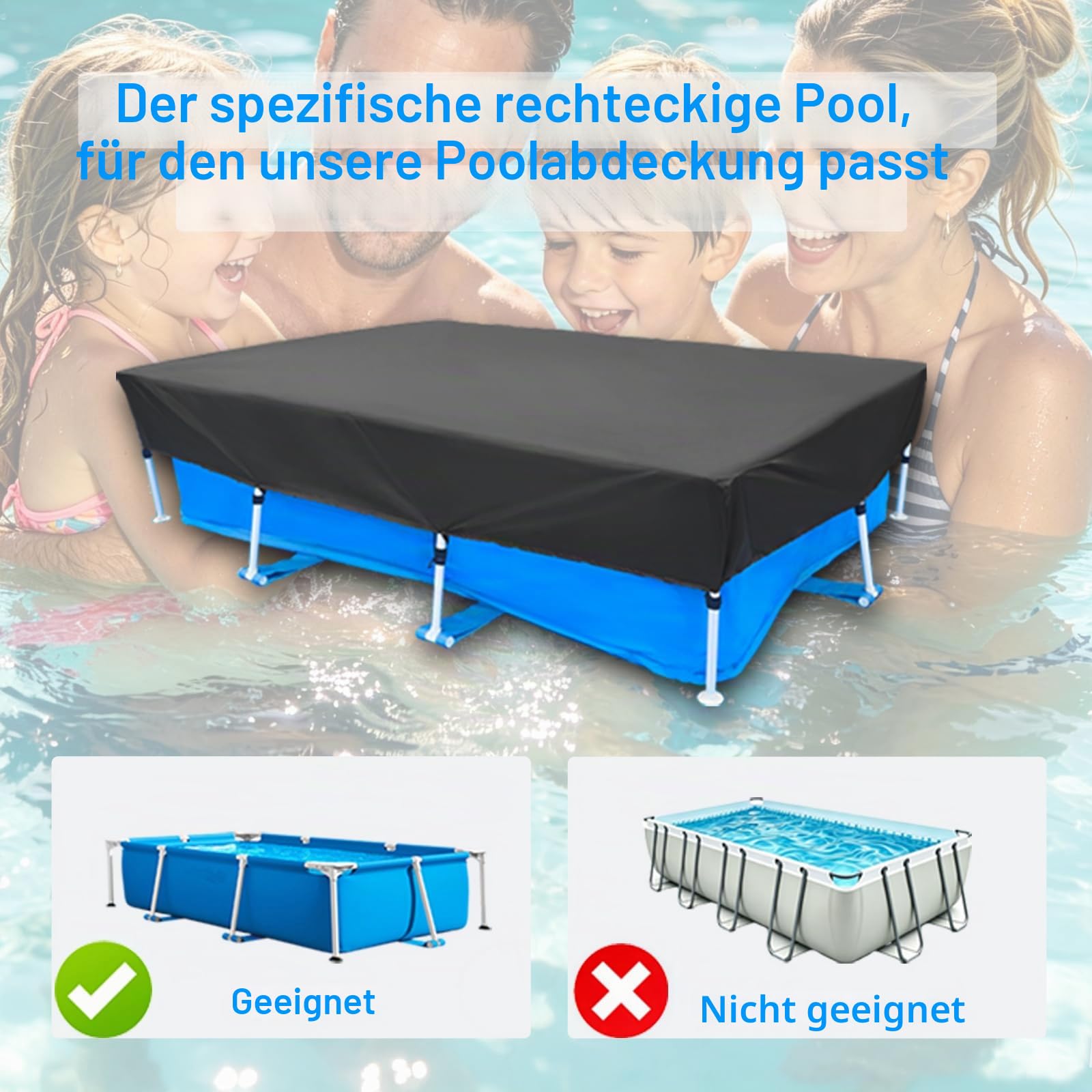 300 x 200 cm Pool Abdeckung Rechteckige 3 x 2 m Sommer & Winter Solarplane Schwimmbadabdeckung mit Schnüre Design für Oberirdischen Pool Staubdicht Wasserdicht