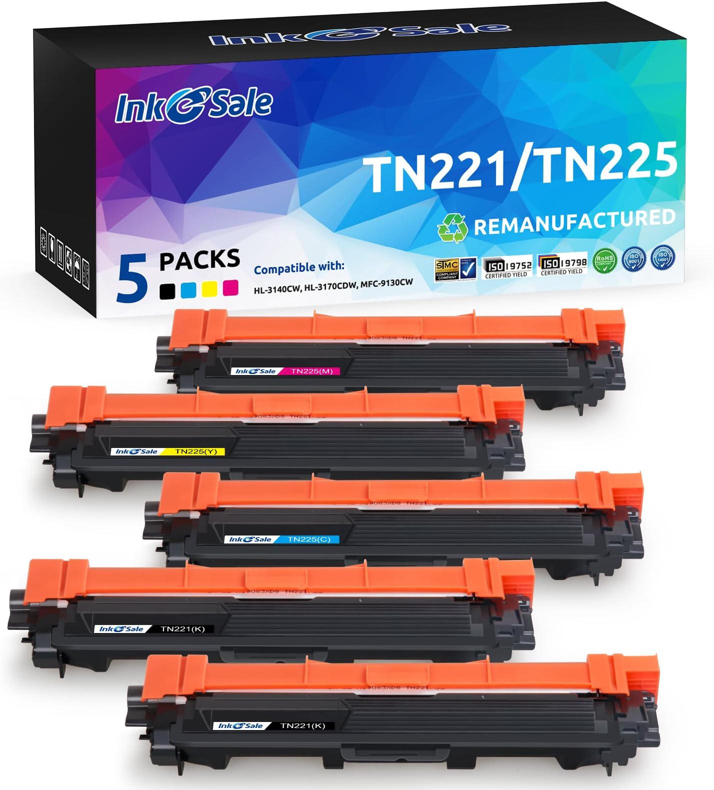 INK ESALE 5PK Compatible Toner Cartridge Replacement for Brother TN221 TN225 TN221