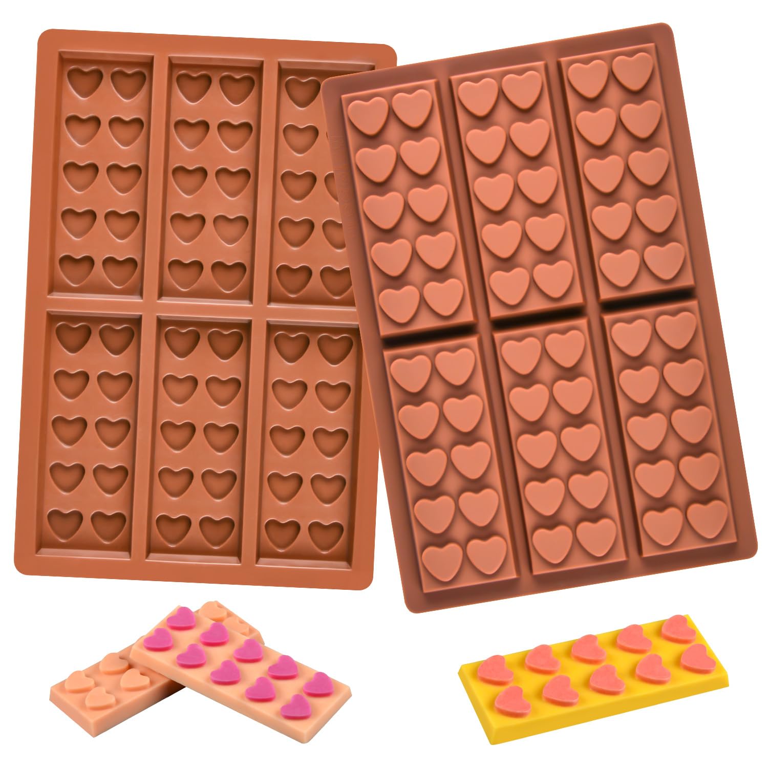 Fimary Dubai Chocolate Bar Mold Deep Silicone Break Apart Candy Molds Thick Rectangle Shapes Stuffed Snap Bar Silicone Molds for Wax Melts Large(2 Pcs, Brown)