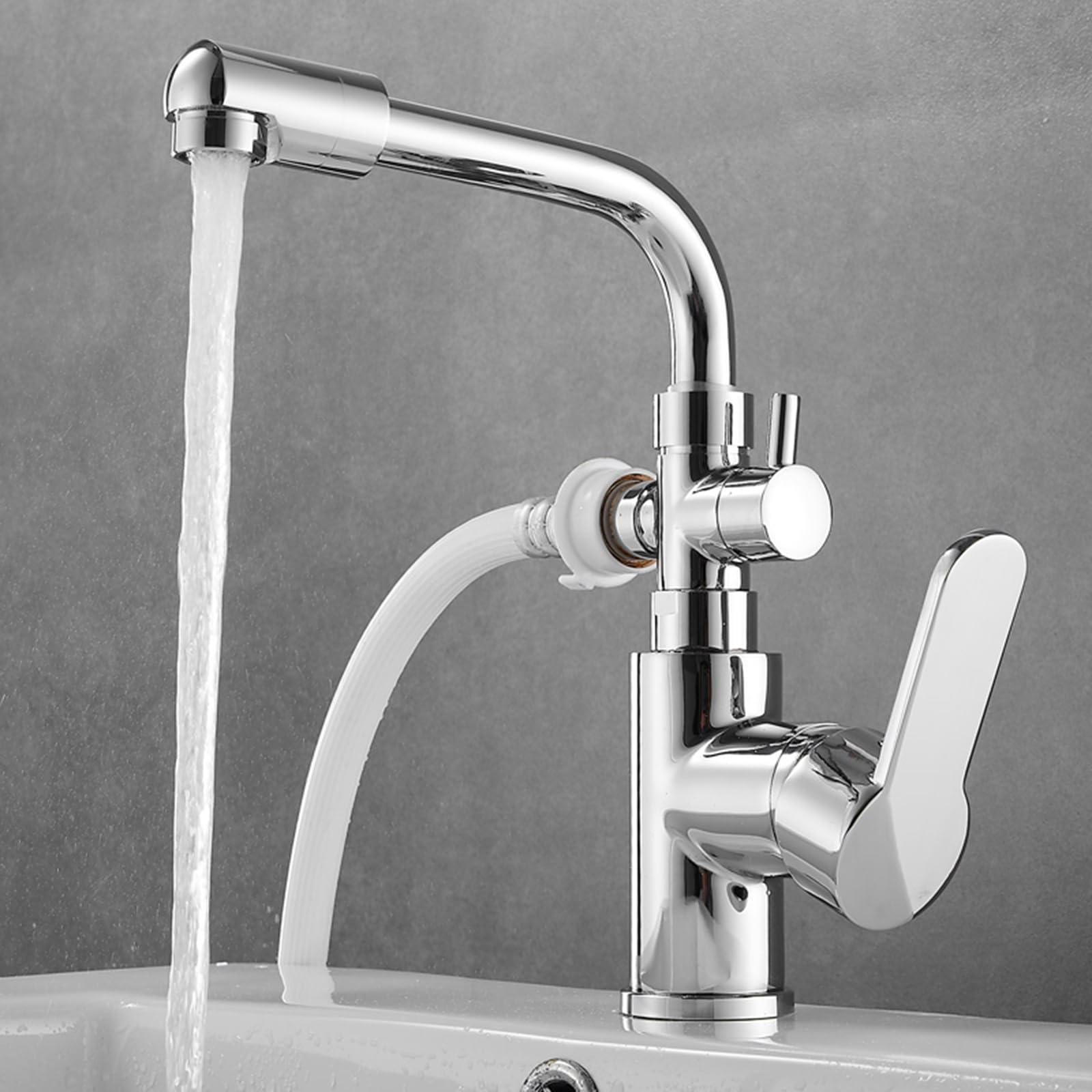 Grifos para Lavabos De Baño Grifo con conector De 1/2 Pulgadas Grifo Lavadora Doble Salida Agua Fría Y Caliente Un Solo Orificio,Plata