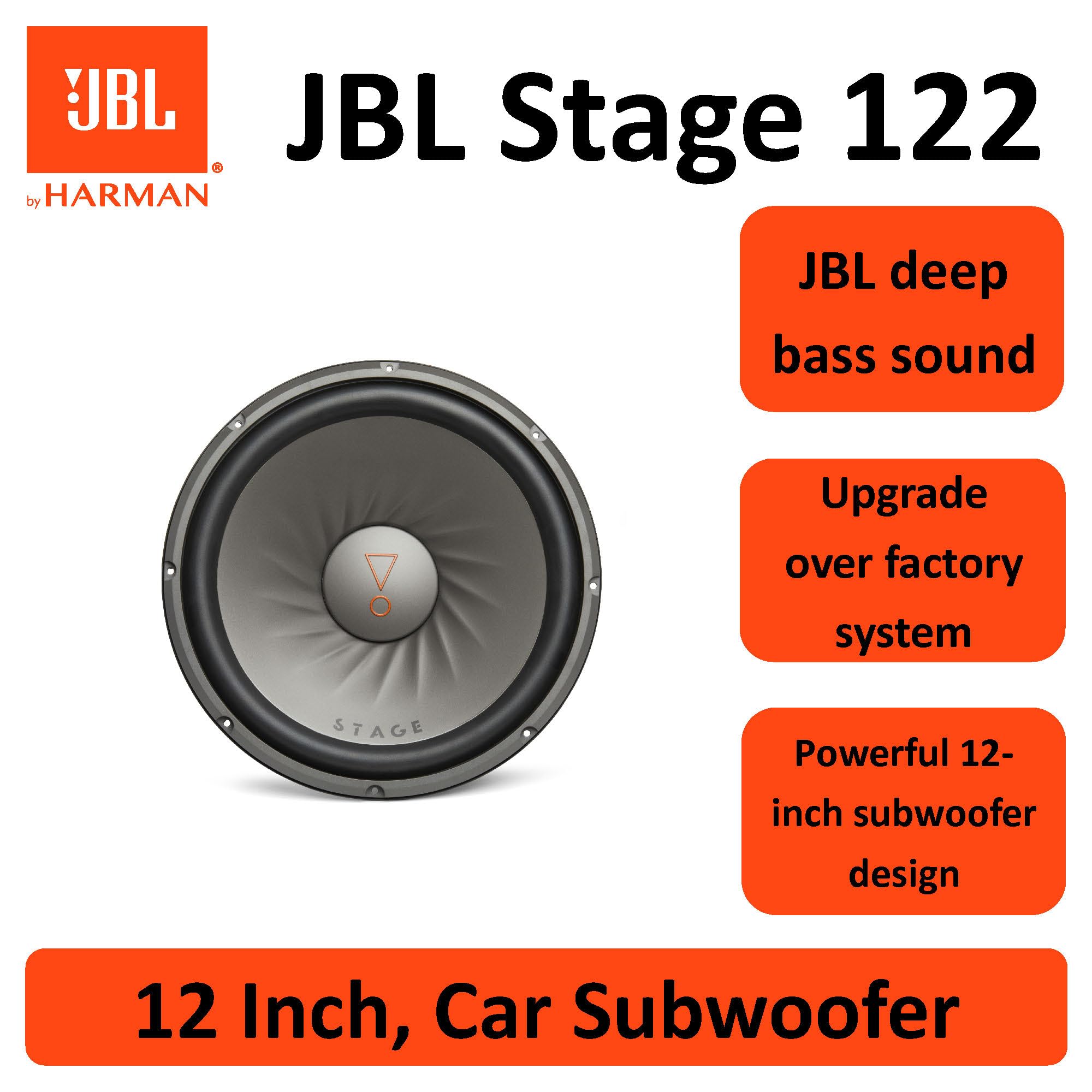 JBL Stage 122 12'' (30cm) Subwoofer, Noir | 250 W RMS / 1000 W crête, 91 dB, 4 Ohm, 34-200 Hz, cône polypropylène, suspension caoutchouc, bobine 50,8 mm, noir.