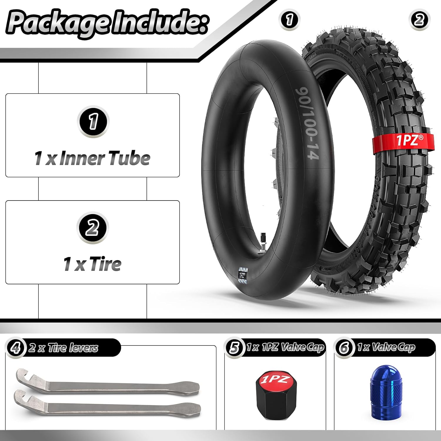 1PZ NV4-DNS 90/100-14 3.00-14" inch Rear Tire and Inner Tube for 125cc 140cc 150cc Coolster Tao Tao Apollo RFZX18 CRF80R KLX125 RM80 YZ80 YZ85 TTR125 Pit Pro Trail Dirt Bike Off Road Motocross