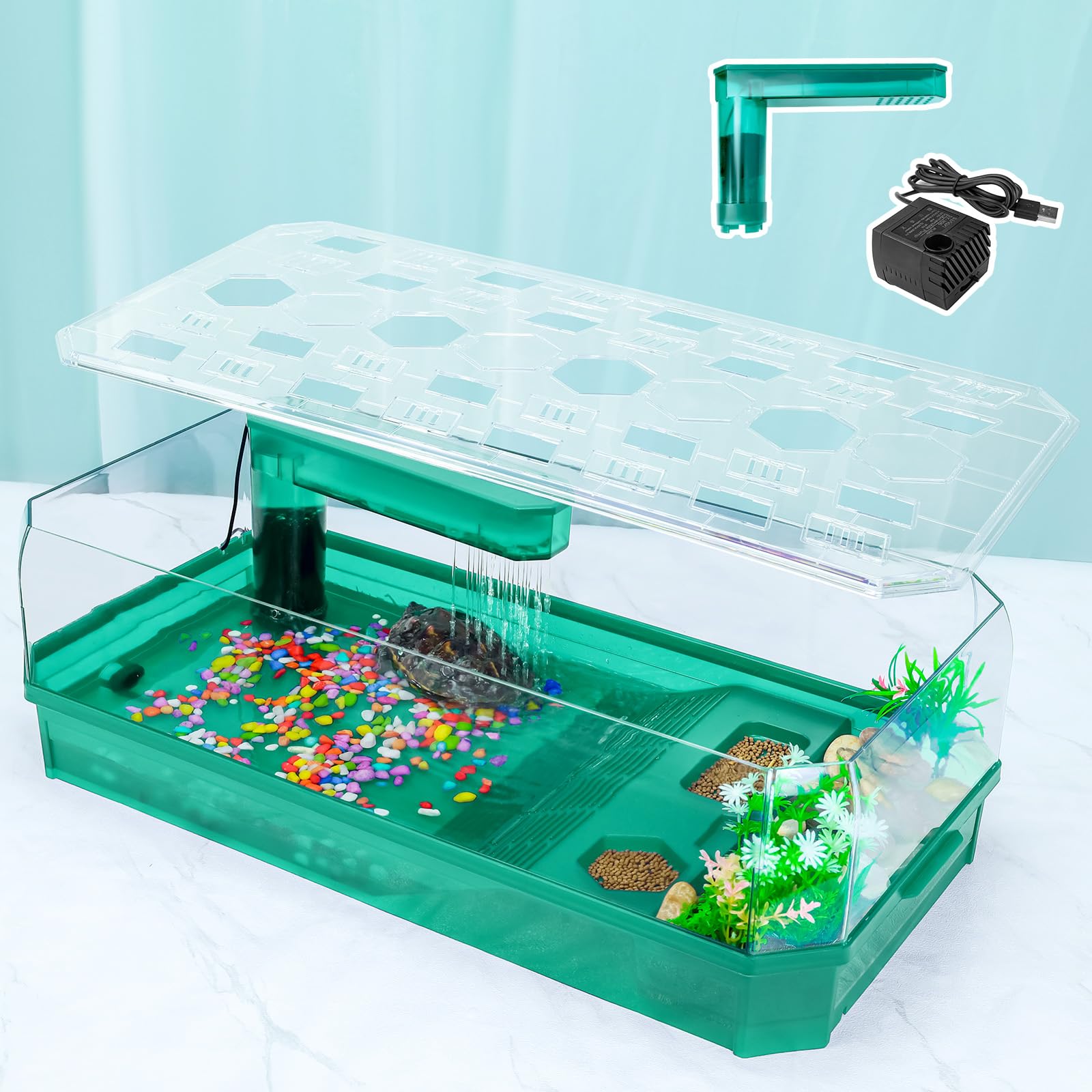 Wedoelsim 25.3" Big Turtle Tank: All-in-One Terrarium for Turtles, Horned Frogs, Hermit Crabs, and Small Reptiles - Featuring Pump, Filter, Shower Function, and Easy Water Change