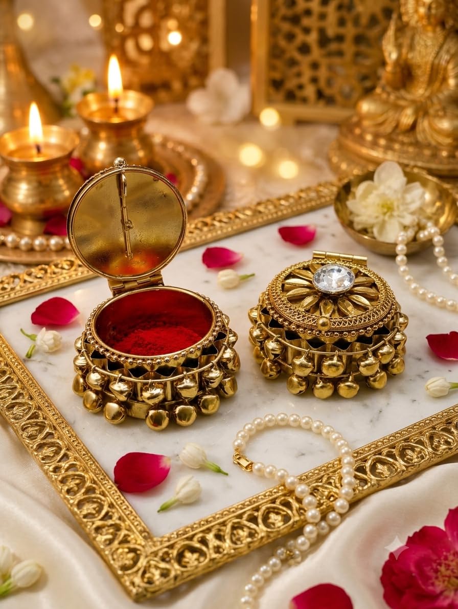 Premium Crystal Sindoor Box for Women | Decorative Kumkum Box | Traditional Pooja Sindoor Dani with Ghungroo Design | Metal Bridal Sindoor Container |(H)-image-2