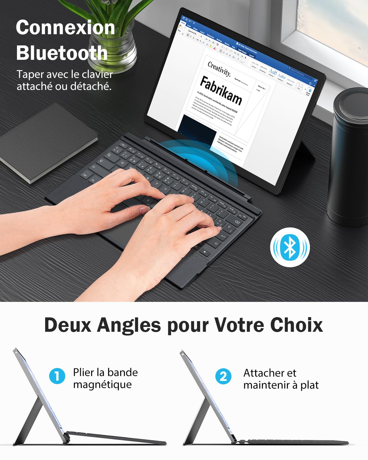 MoKo AZERTY Clavier Français Microsoft pour Surface Pro 7+/7/6/5/4/3,Gris | Bluetooth avec Pavé Tactile, Rétroéclairage LED 7 Couleurs, Batterie Rechargeable