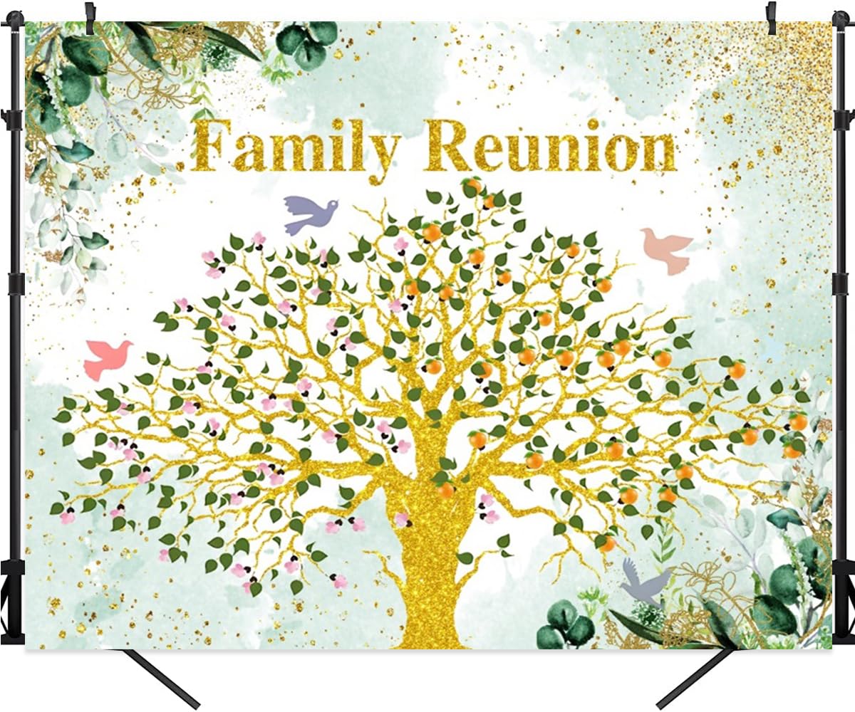 Canessioa 10x8ft Family Reunion Backdrop, Floral Fruitful Family Tree Background Gold Greenery Eucalyptus Leaves Gathering Party Decoration Gold