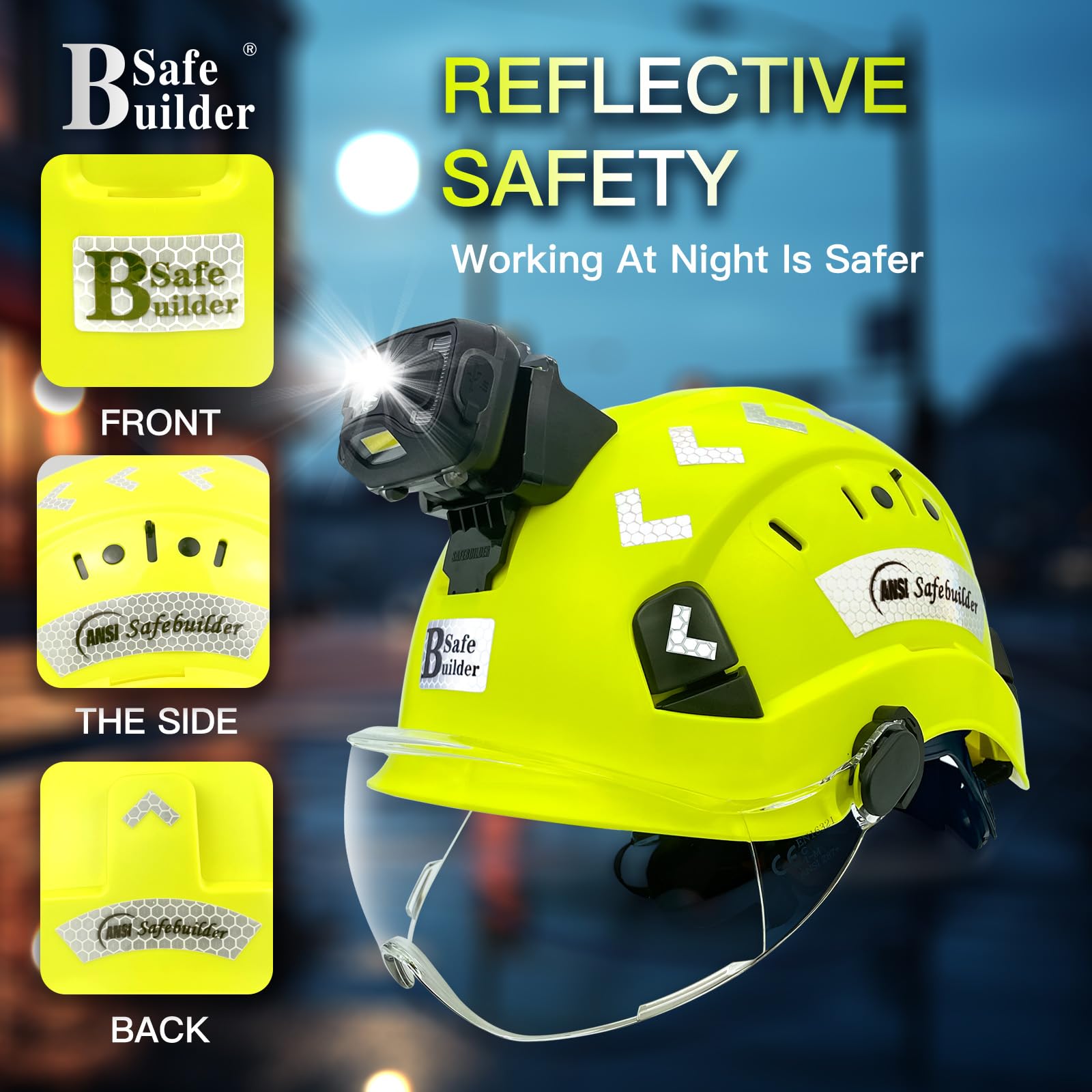 SAFEBUILDER Casque de sécurité avec phare, casque de sécurité avec visière, lampe frontale rechargeable pour homme, travail, industrie, construction, foresterie