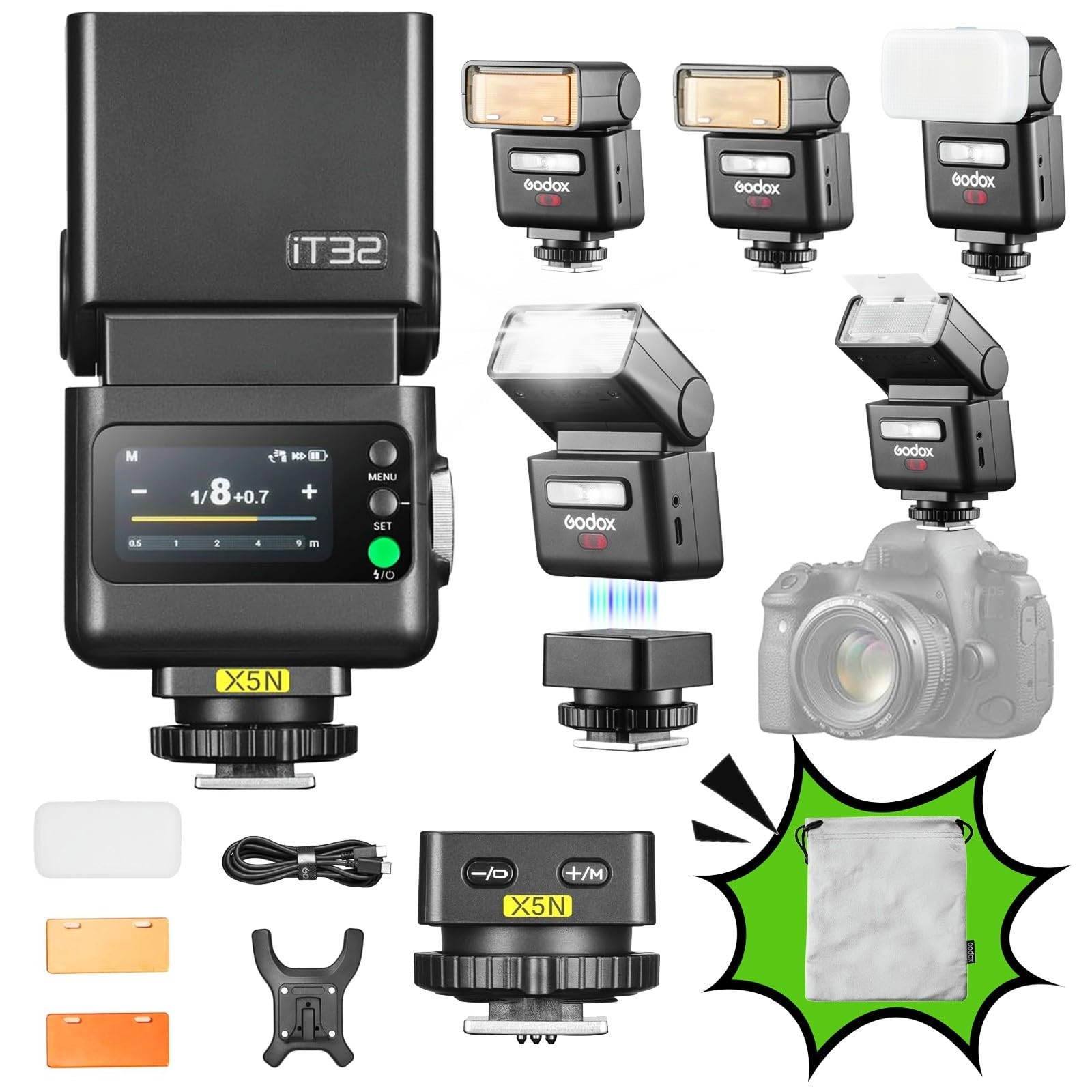 GODOX iT32 flash and X5N trigger mounted on a Nikon camera