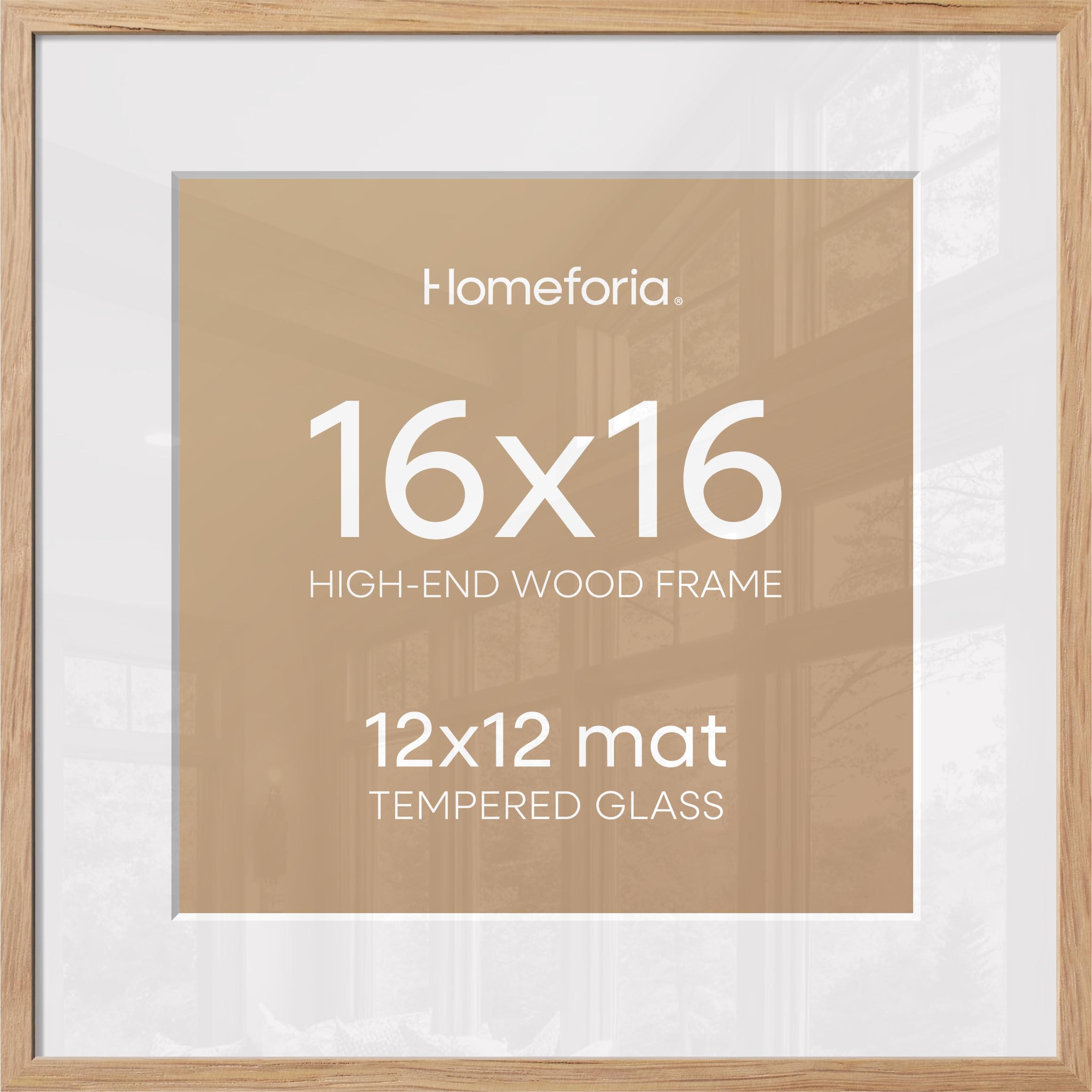 Homeforia 16x16 Picture Wood Frame, High End Natural Oak 16 x 16 Square Light Wooden Frames with Mat 12 by 12 inch Photo, 16by16 Poster Frames Matted to 12x12 Print, Tempered Glass, Wall Kit, Set of 2