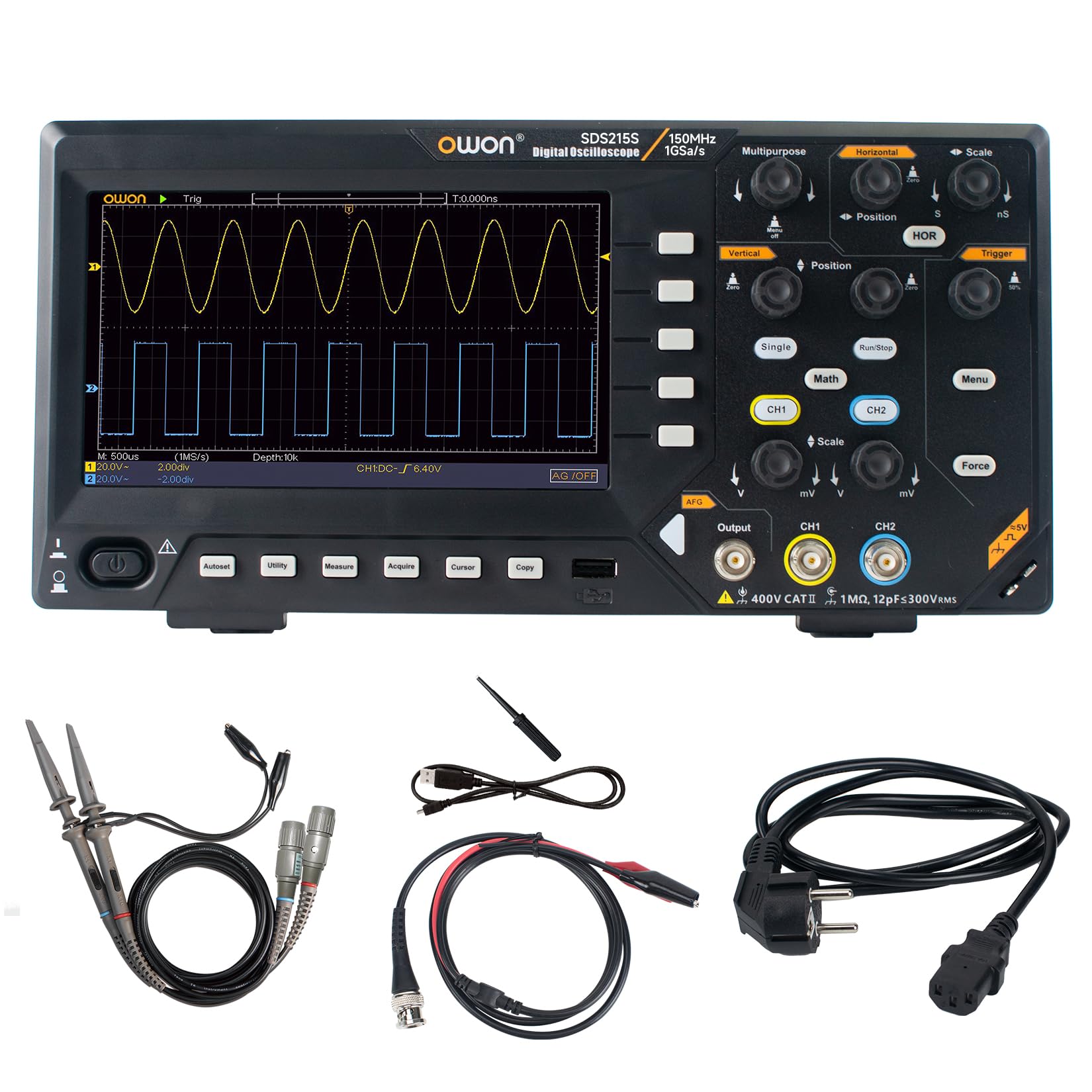 Oscilloscopio a doppio canale OWON con display LCD TFT da 7 pollici, oscilloscopio portatile con frequenza di campionamento di 1GS/s, larghezza di banda di 150 MHz SDS215S