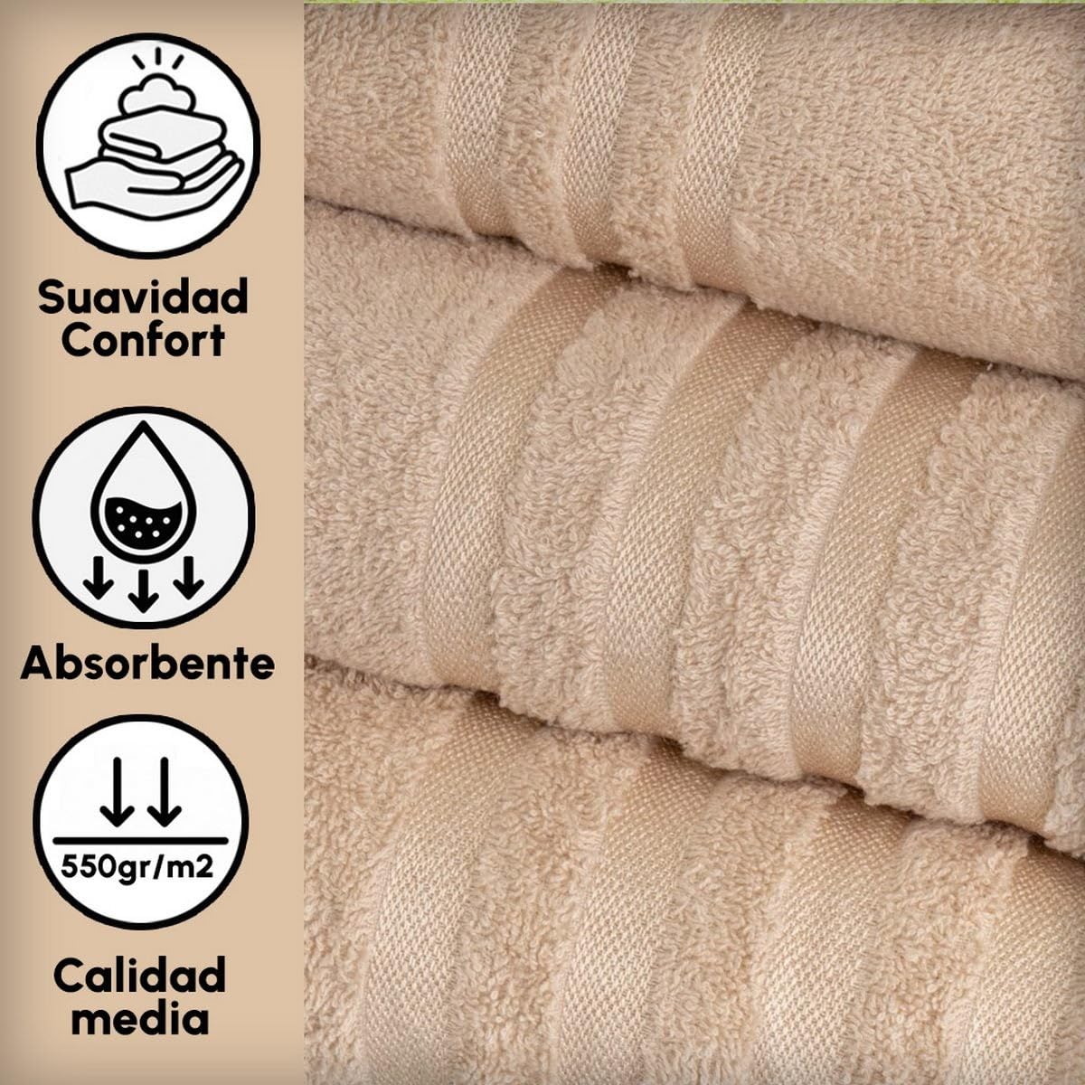 Juego de 6 Toallas de Ducha Grandes Beige 100% algodón Rizo 150x100 cm | Tejido suave de gran gramaje con alta absorción. Aptas para lavadora, de uso diario.