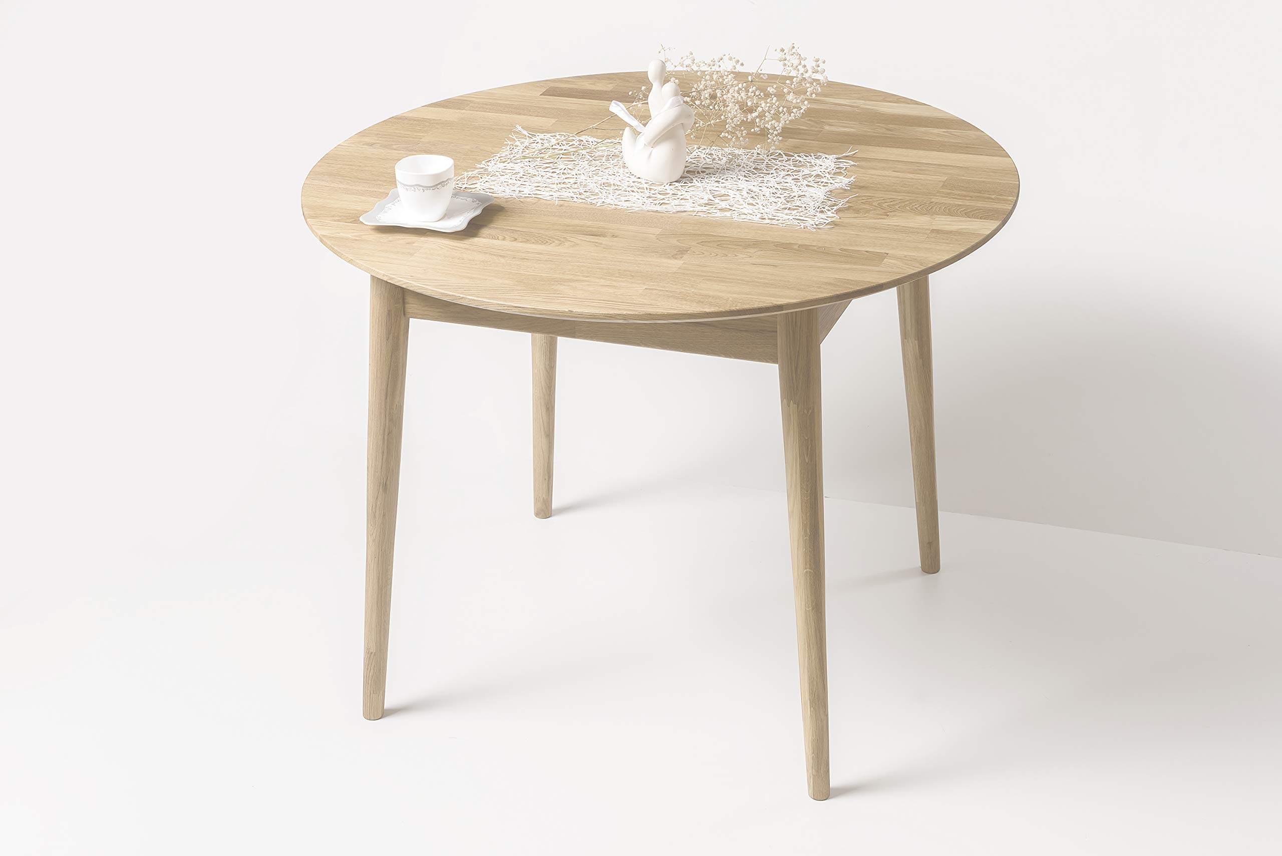 NordicStory Escandi 5 Table de salle à manger ronde extensible en bois de chêne massif Style nordique 110-145 cm Couleur chêne blanchi