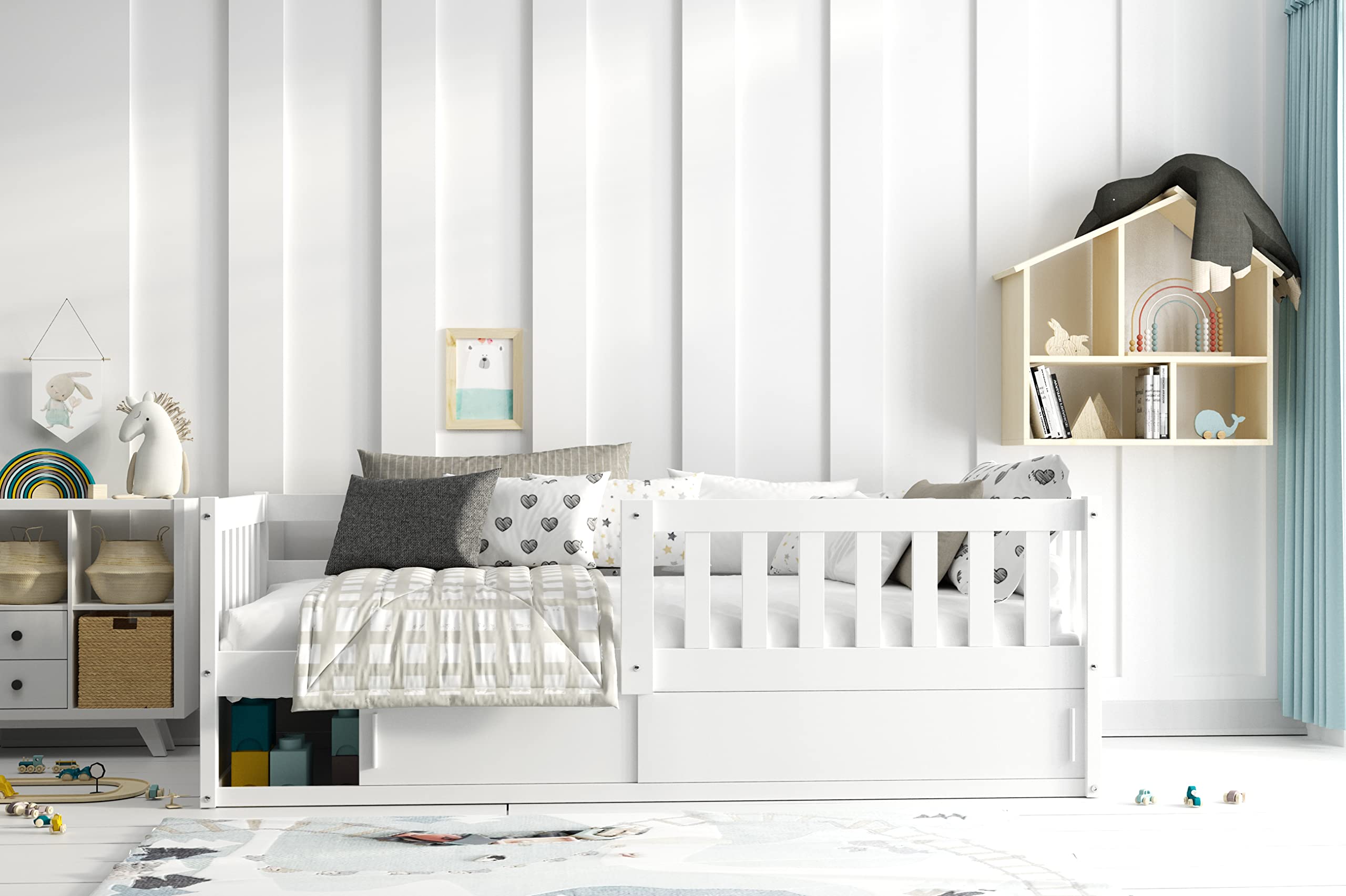 Interbeds Kinderbett 80x160 cm aus Holz in Weiß mit Rausfallschutz – Montessori Bodenbett mit Schutzbarriere und Stauraum, Kinderbett für Jungen und Mädchen, Naturholz Smart (weiß)