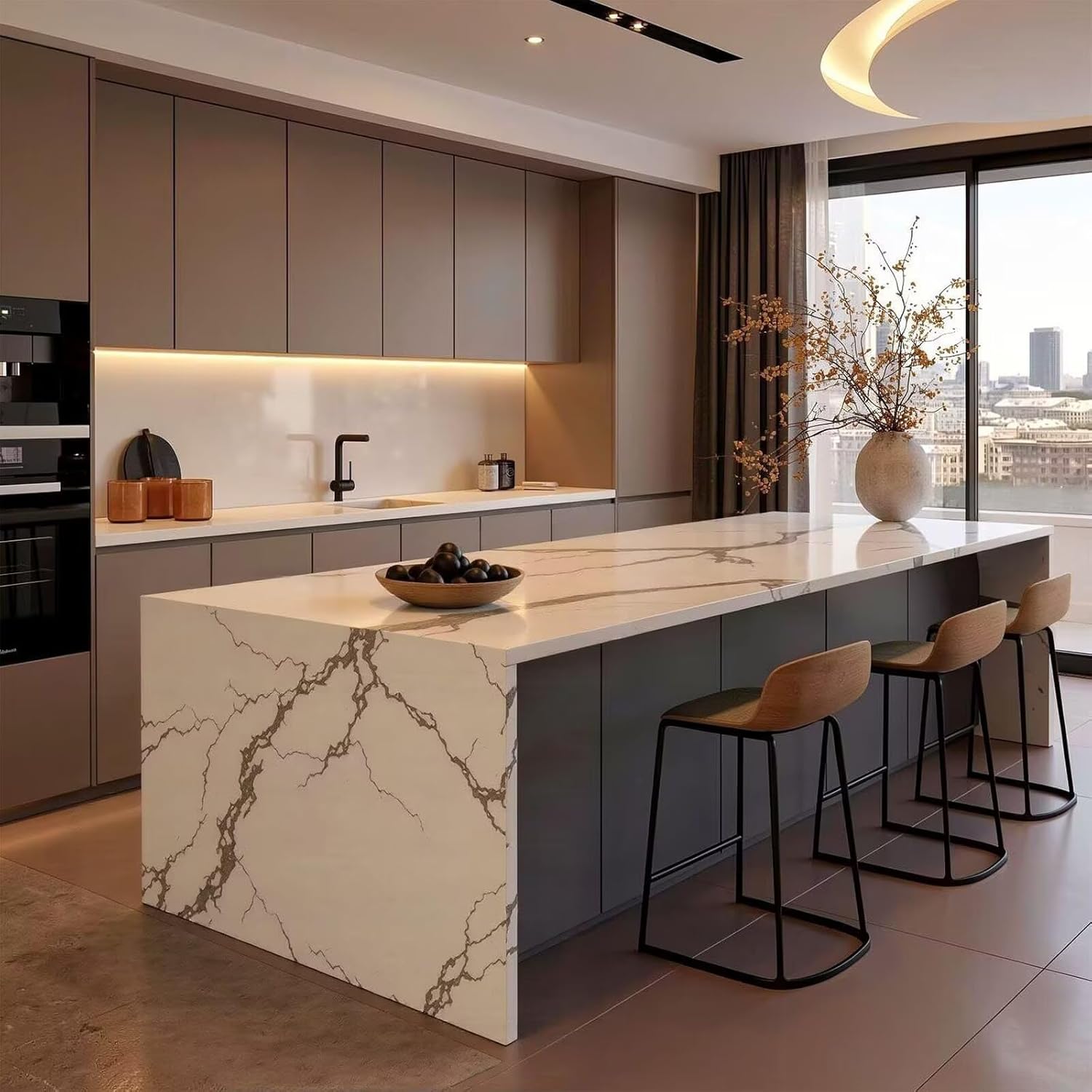 Kitchen Island with Storage - Kitchen Island Table with Marble-Look Stone Top, Modern Dinning Table for 4-6 Persons Includes Side Cabinet Storage and Side Power Outlets (88IN No Chairs)