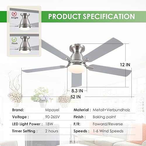 Miniatura 101 de Ventiladores de techo con luces, ventilador de techo interior de perfil bajo de 46 pulgadas con luz y control remoto/aplicación, montaje empotrado