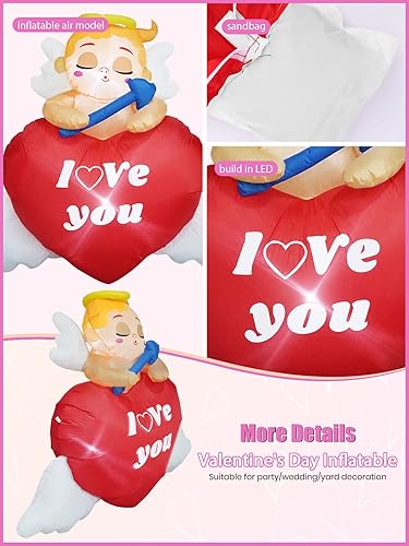 Miniatura 5 de TOROKOM Cupido inflable para el día de San Valentín con corazón de amor luces LED integradas de 5 pies de alto decoración de patio dulce San