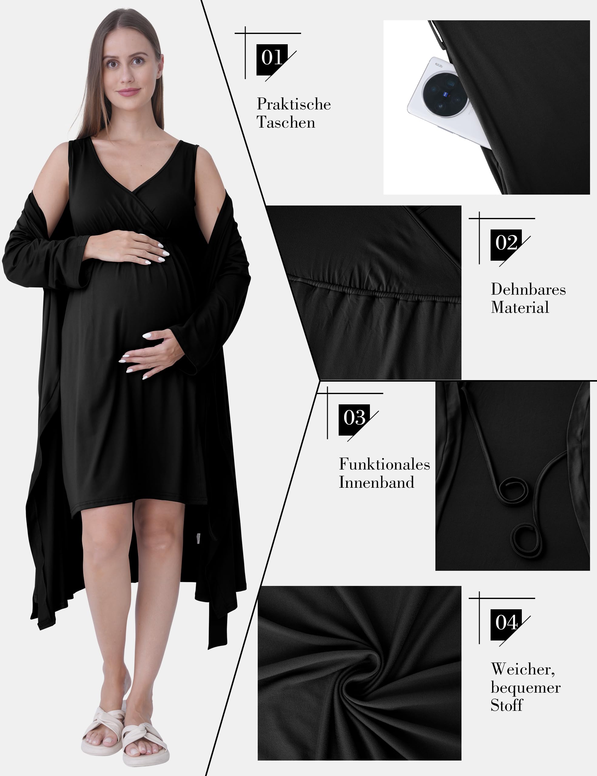 SUNNYBUY Camicia da notte premaman e allattamento con vestaglia, 2 pezzi, 3 in 1, per nascita, letto settimanale e allattamento, biancheria da notte ospedale, nero, S