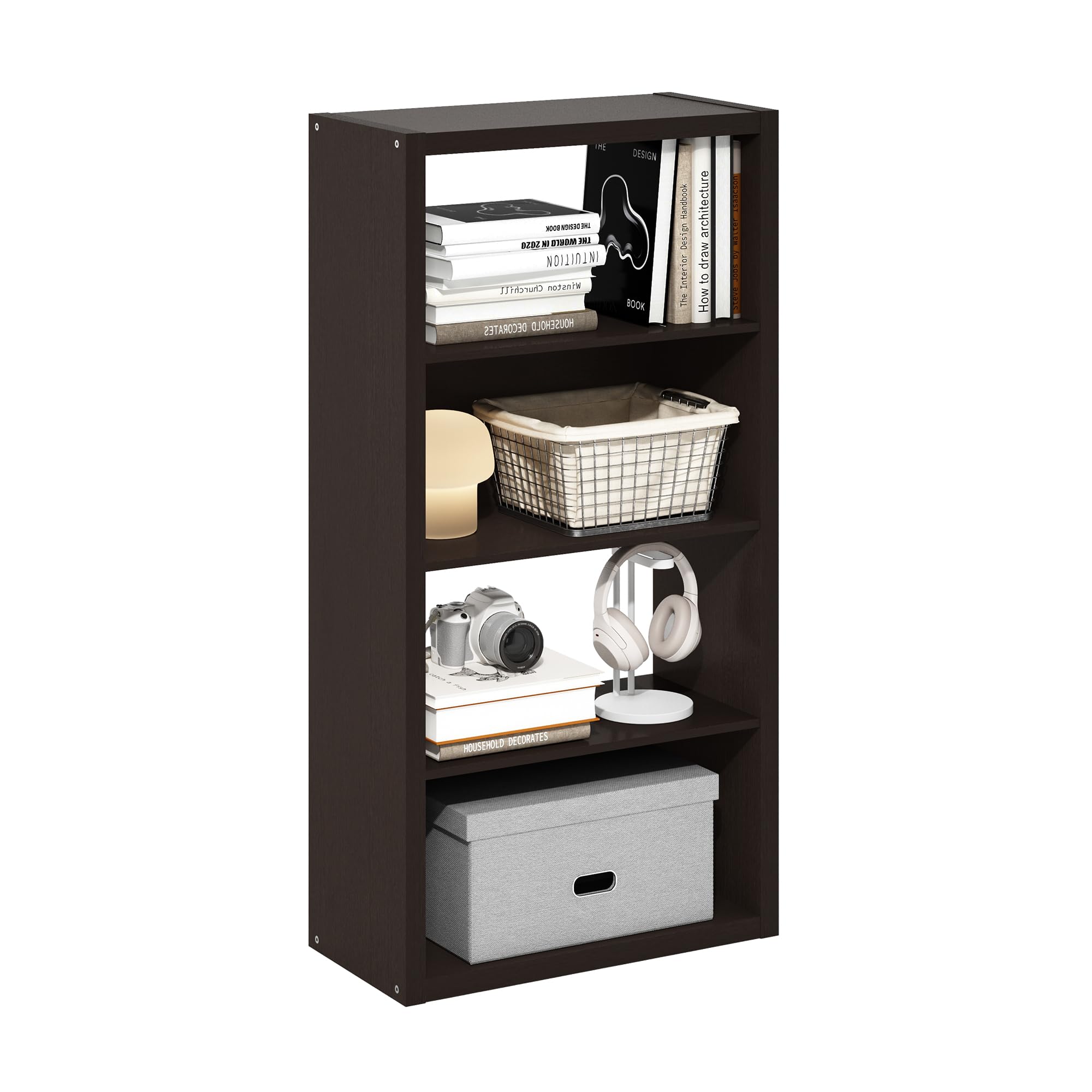 Furinno Viola 4-Tier Book Shelf, Extra Thick Frame Bookshelf, Dark Oak