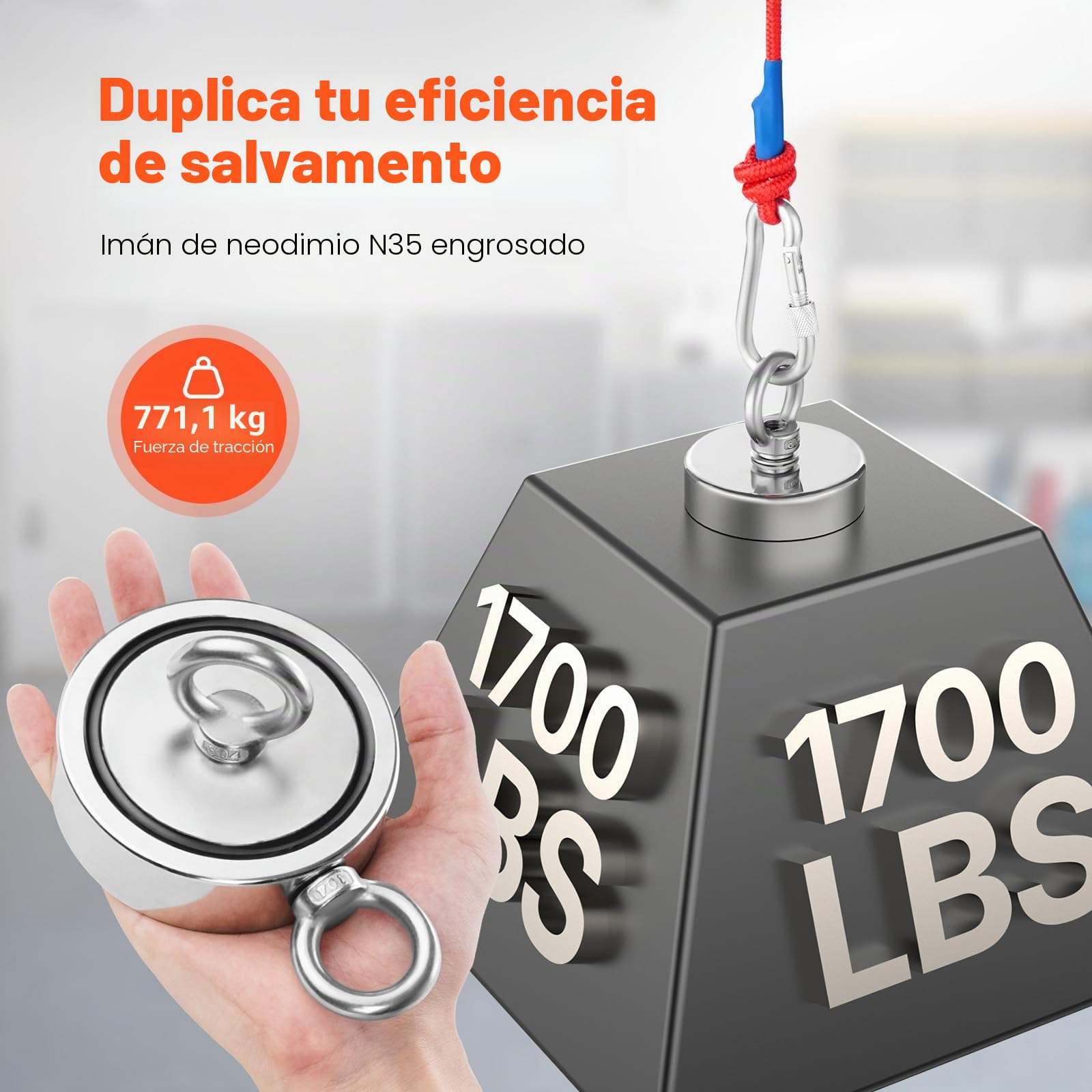 VEVOR Kit de Pesca con Imán de Doble Cara Fuerza de Tracción de 771 kg Kit de Pesca con Imán de Neodimio de Tierras Raras con Gancho de Agarre, Cuerda Resistente, Guantes y Perno de Ojo, Rojo